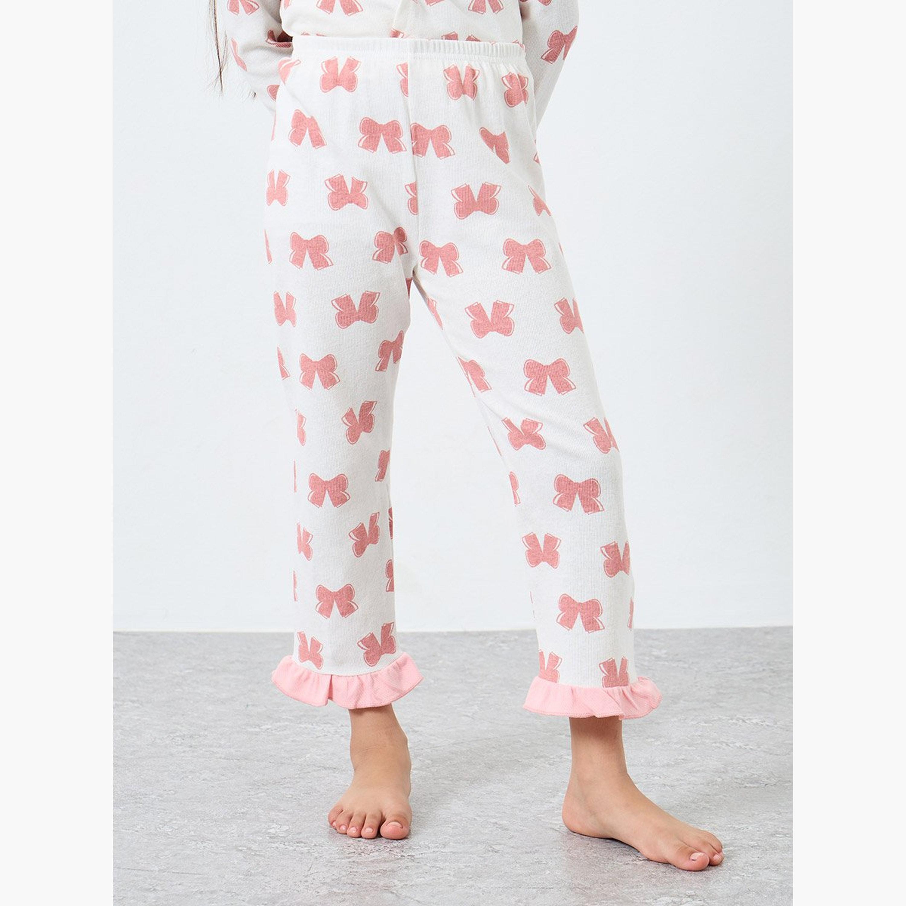 Styli Girls Bow Print Shirt and Pyjama Set-girls-clothing-nightwear-image-4