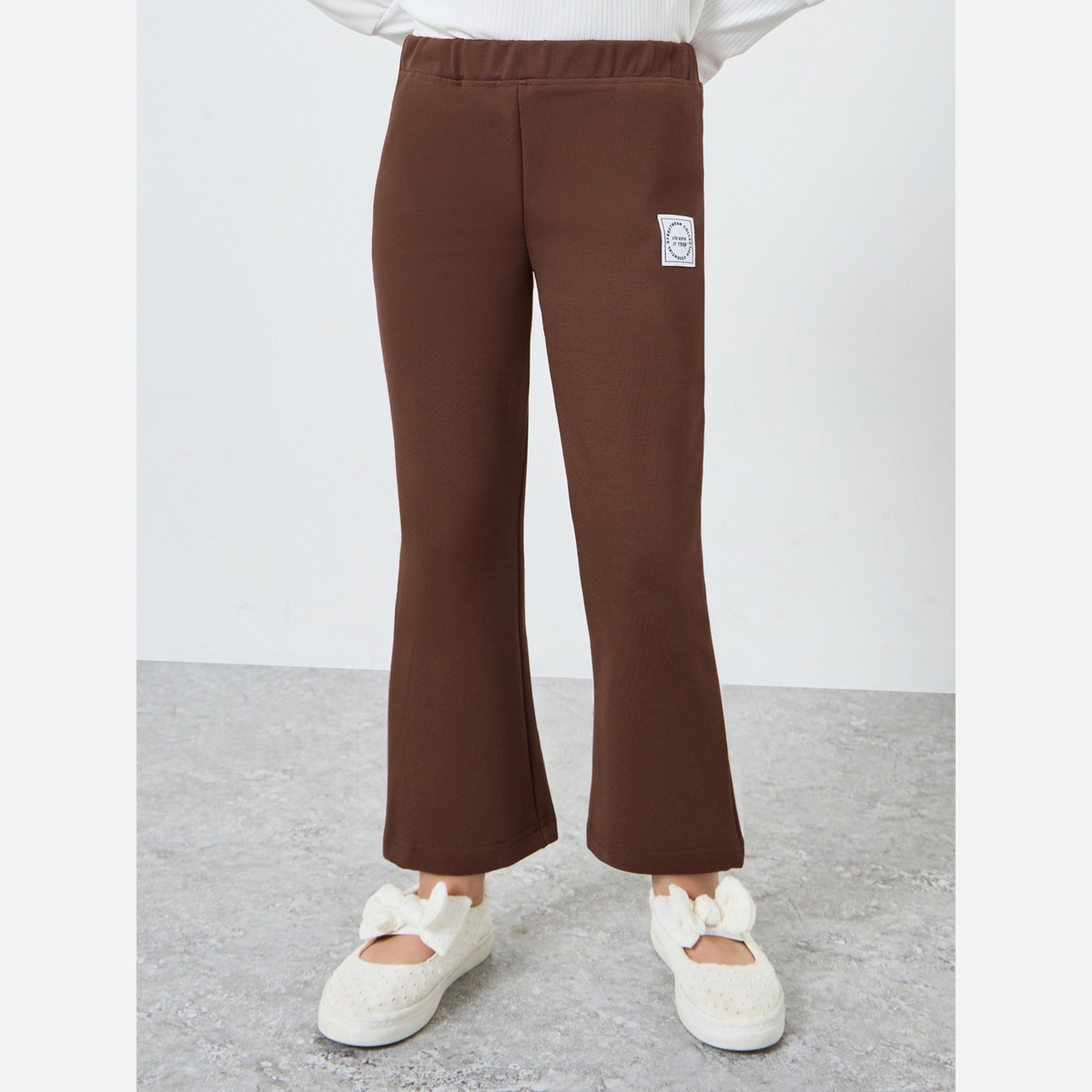 Styli Girls Brown Badge Detail Elastic Waist Leggings-girls-clothing-bottoms-leggings-image-1