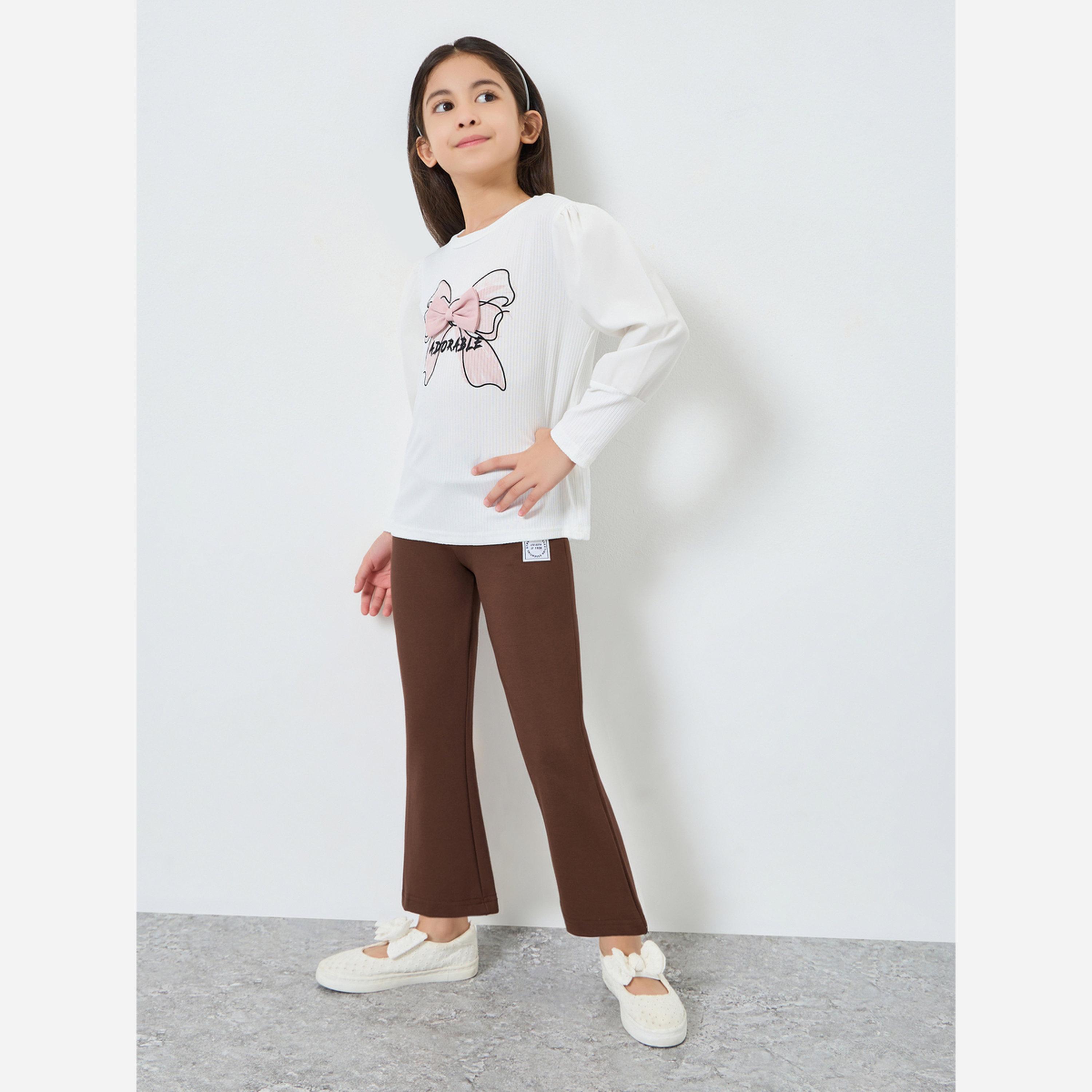 ستايلي - فيزون بناتي بخصر مطاطي مزين طبعة شعار لون بني-girls-clothing-bottoms-leggings-image-2