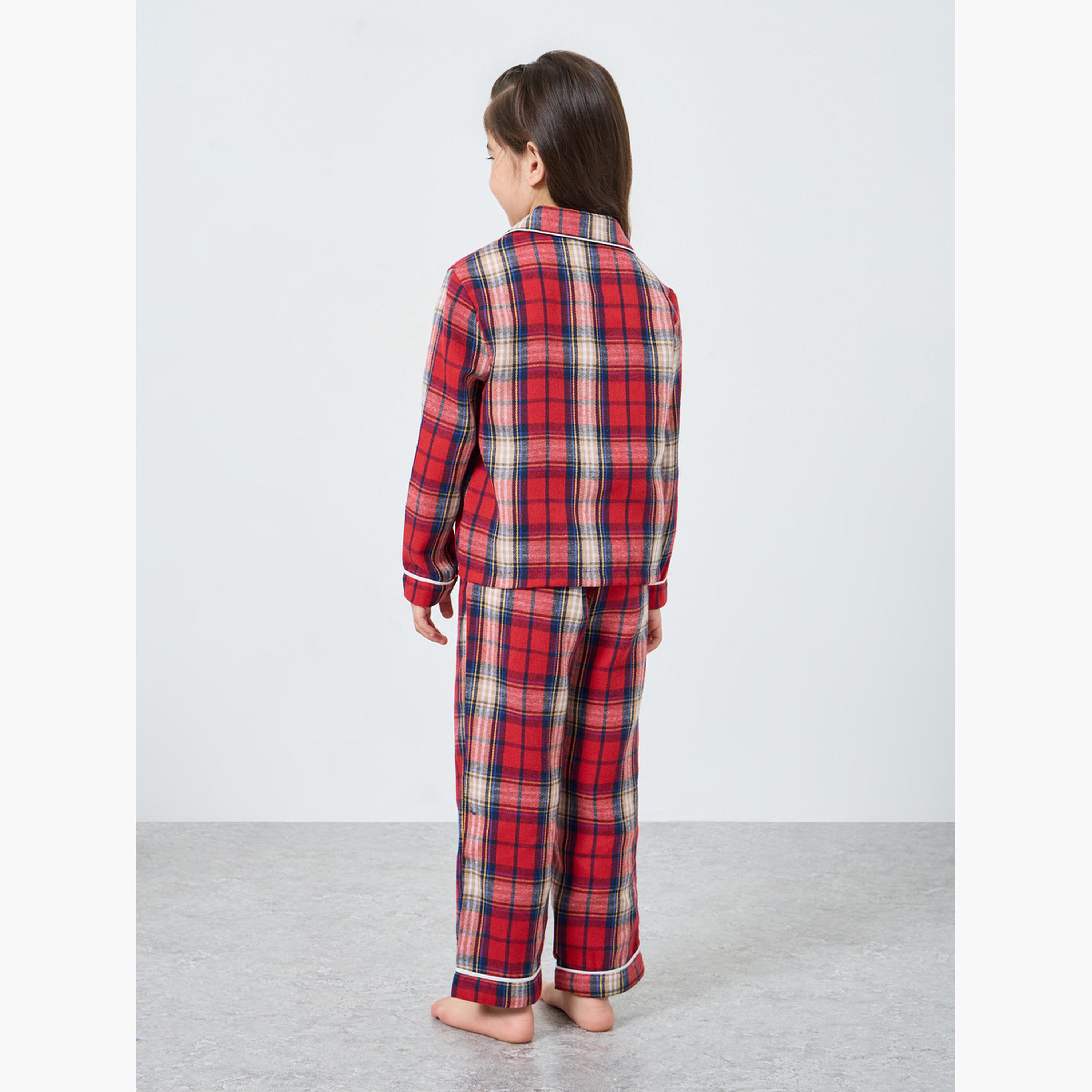 Styli Girls Family Pyjamas - Kids Check Pocket Piped Shirt and Pyjama Set-girls-clothing-nightwear-image-4