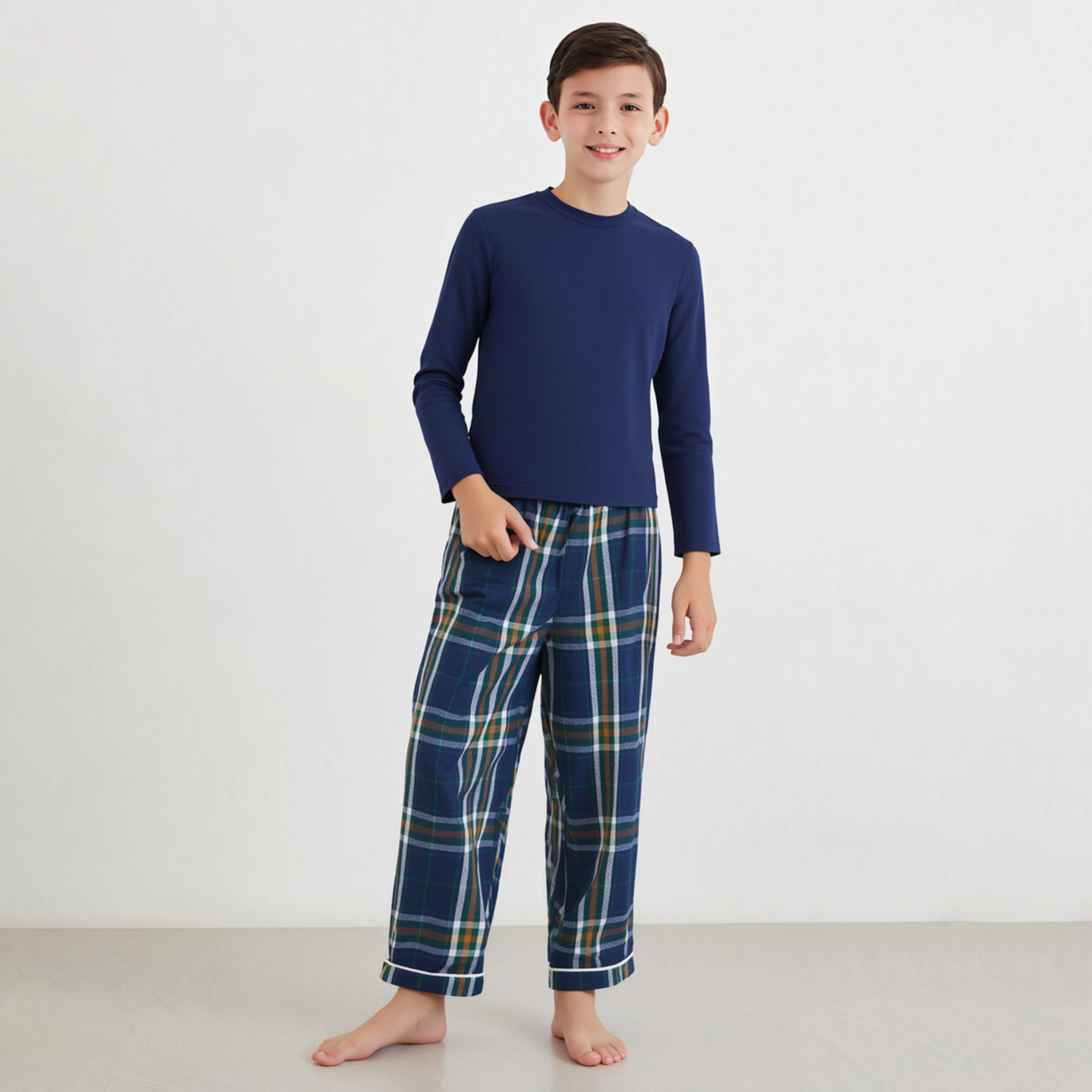 Styli Boys Family Pyjamas - Kids Long Sleeve T-Shirt and Checked Pyjama Set-boys-clothing-nightwear-image-1