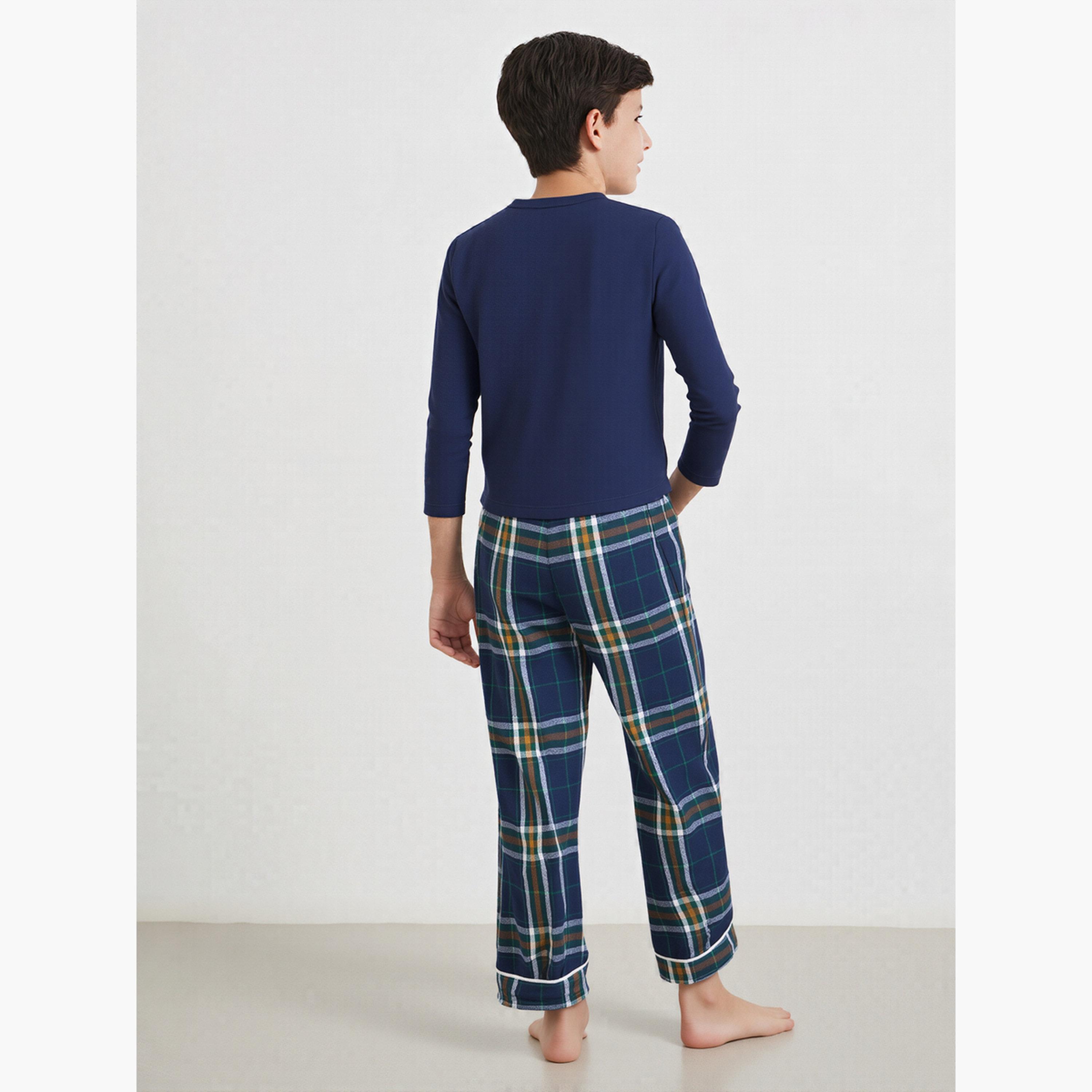 Styli Boys Family Pyjamas - Kids Long Sleeve T-Shirt and Checked Pyjama Set-boys-clothing-nightwear-image-6