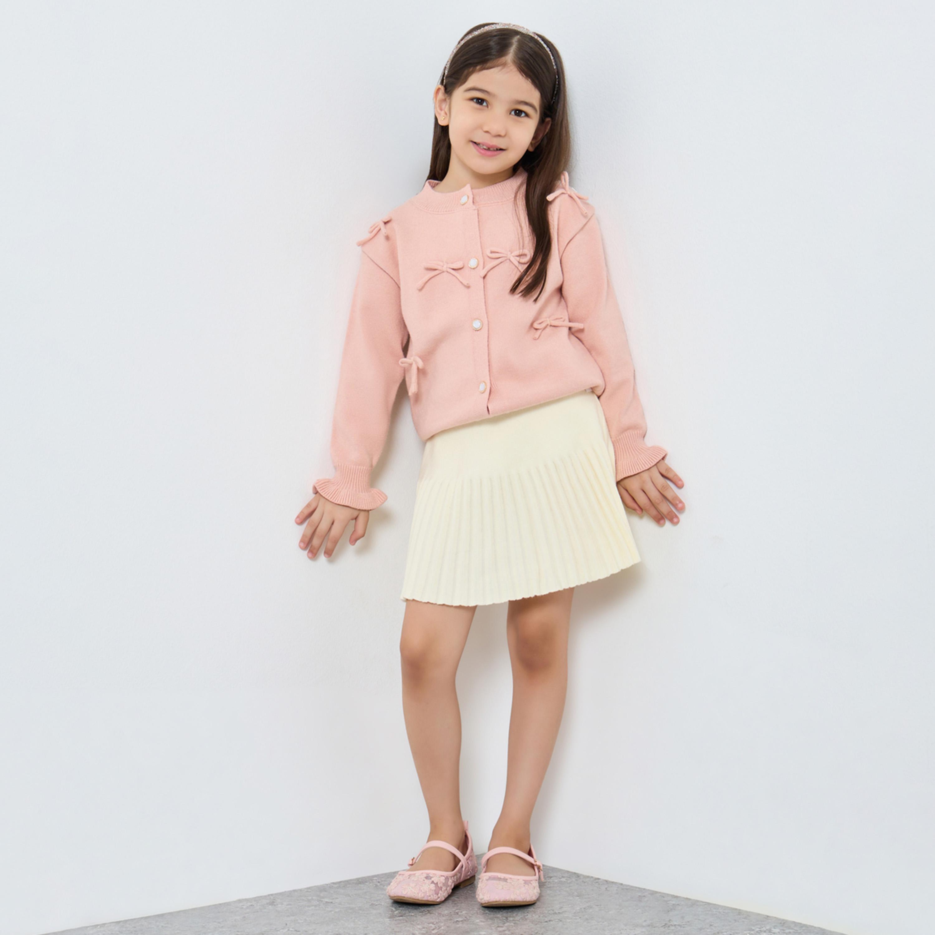 ستايلي - طقم كارديغان وتنورة وردية اللون للبنات-girls-clothing-setsandcoords-image-1