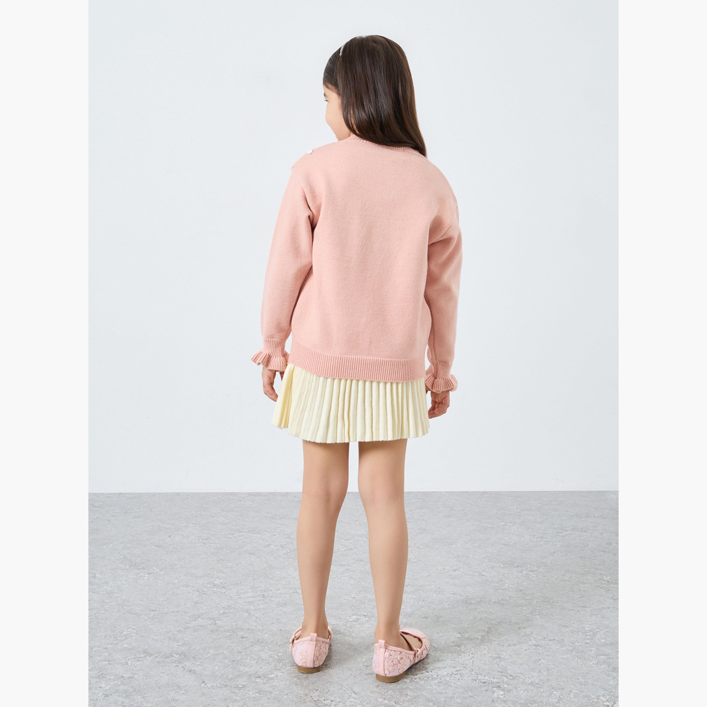 ستايلي - طقم كارديغان وتنورة وردية اللون للبنات-girls-clothing-setsandcoords-image-4
