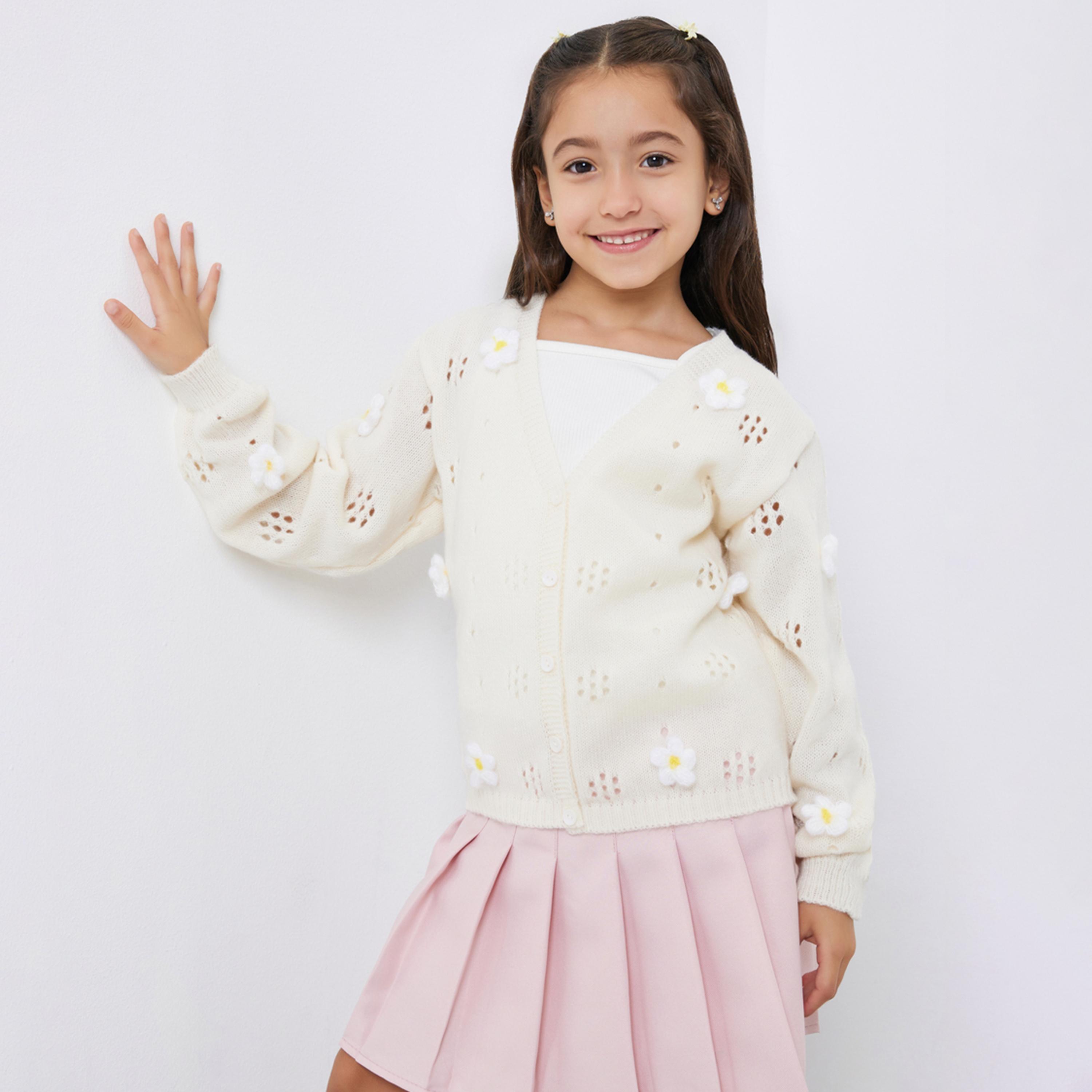 Styli Girls Off White Flower Knit Cardigan-girls-clothing-jumpersandcardigans-image-1