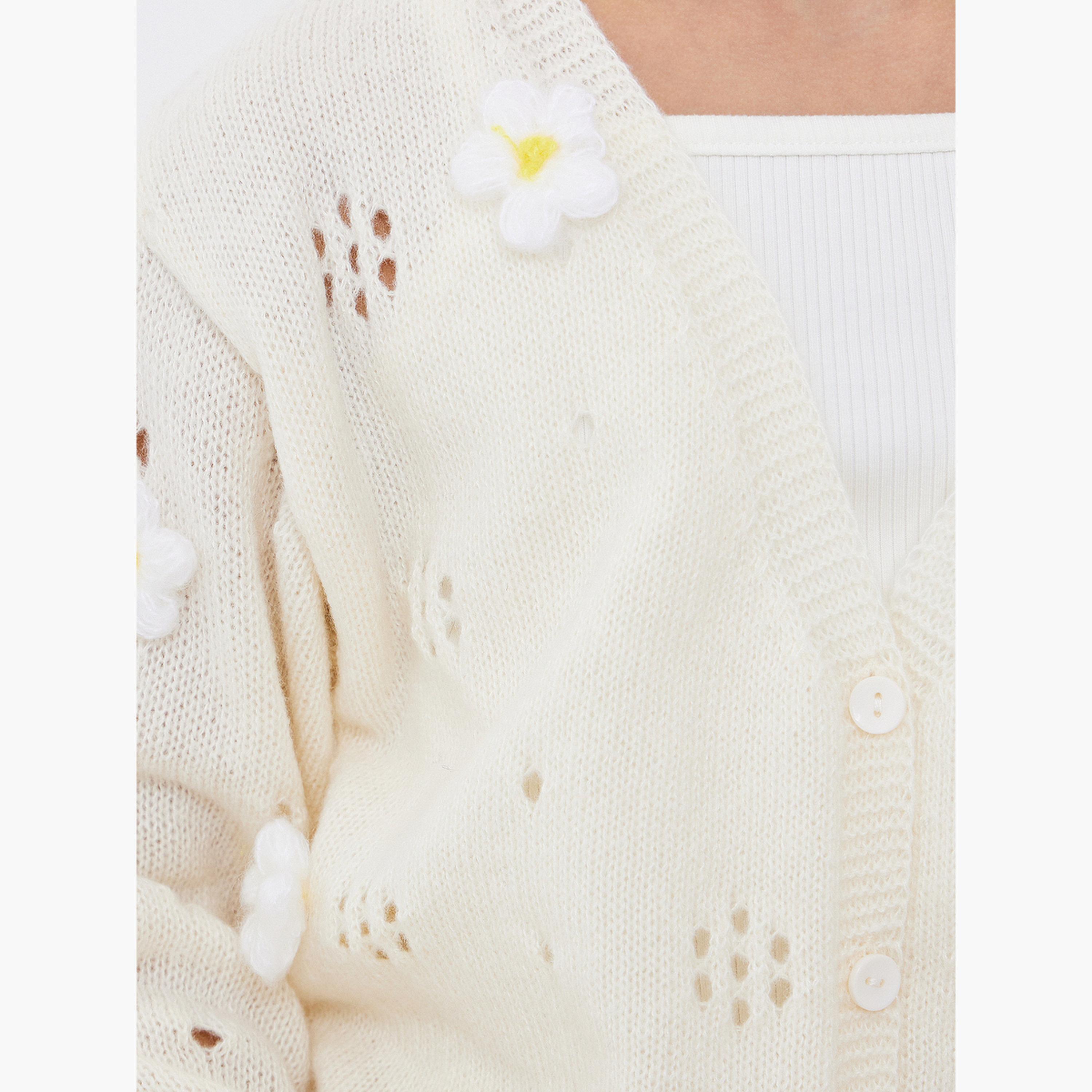 Styli Girls Off White Flower Knit Cardigan-girls-clothing-jumpersandcardigans-image-4