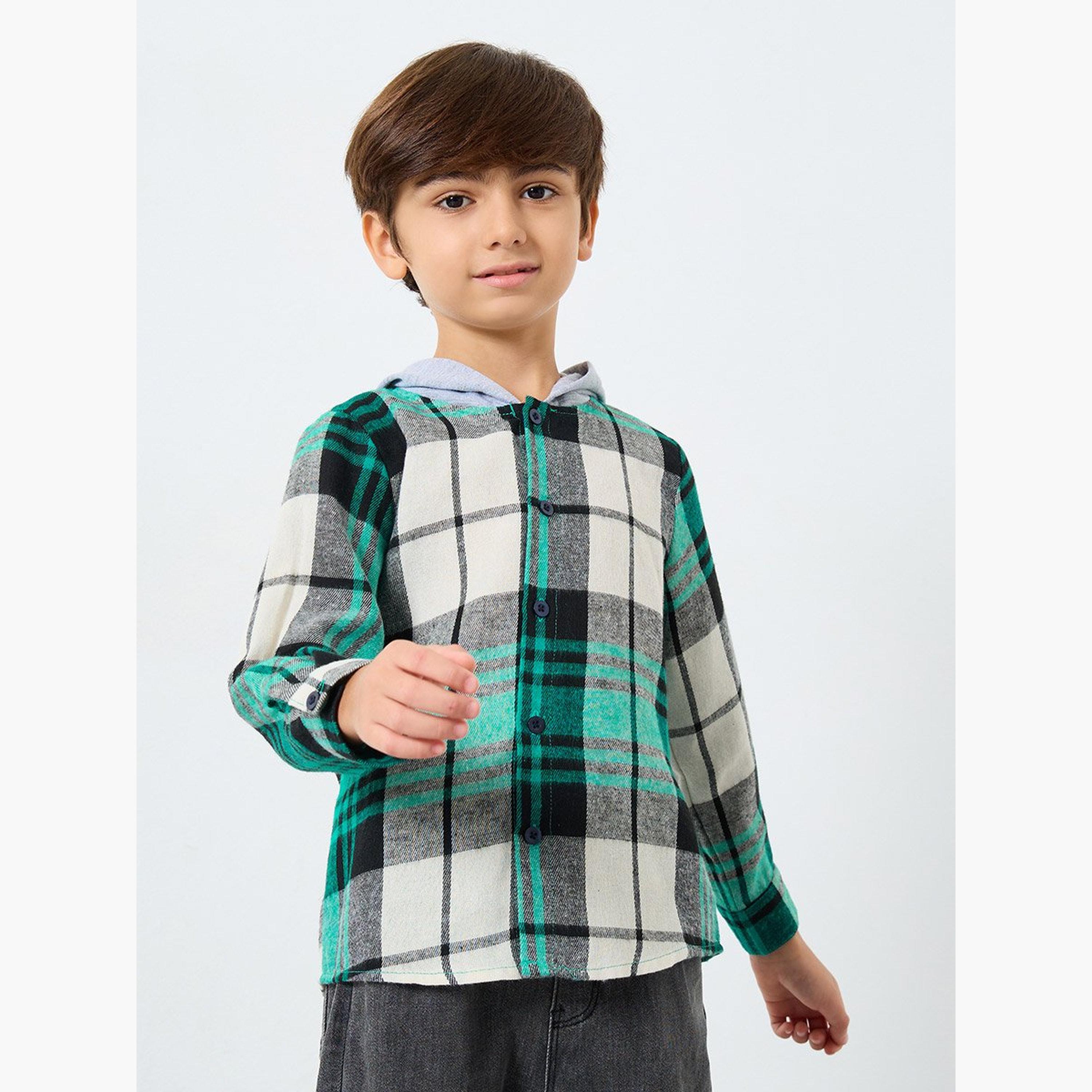 شاكيت بياقة هودي وطبعة مربعات-boys-clothing-shirts-image-1