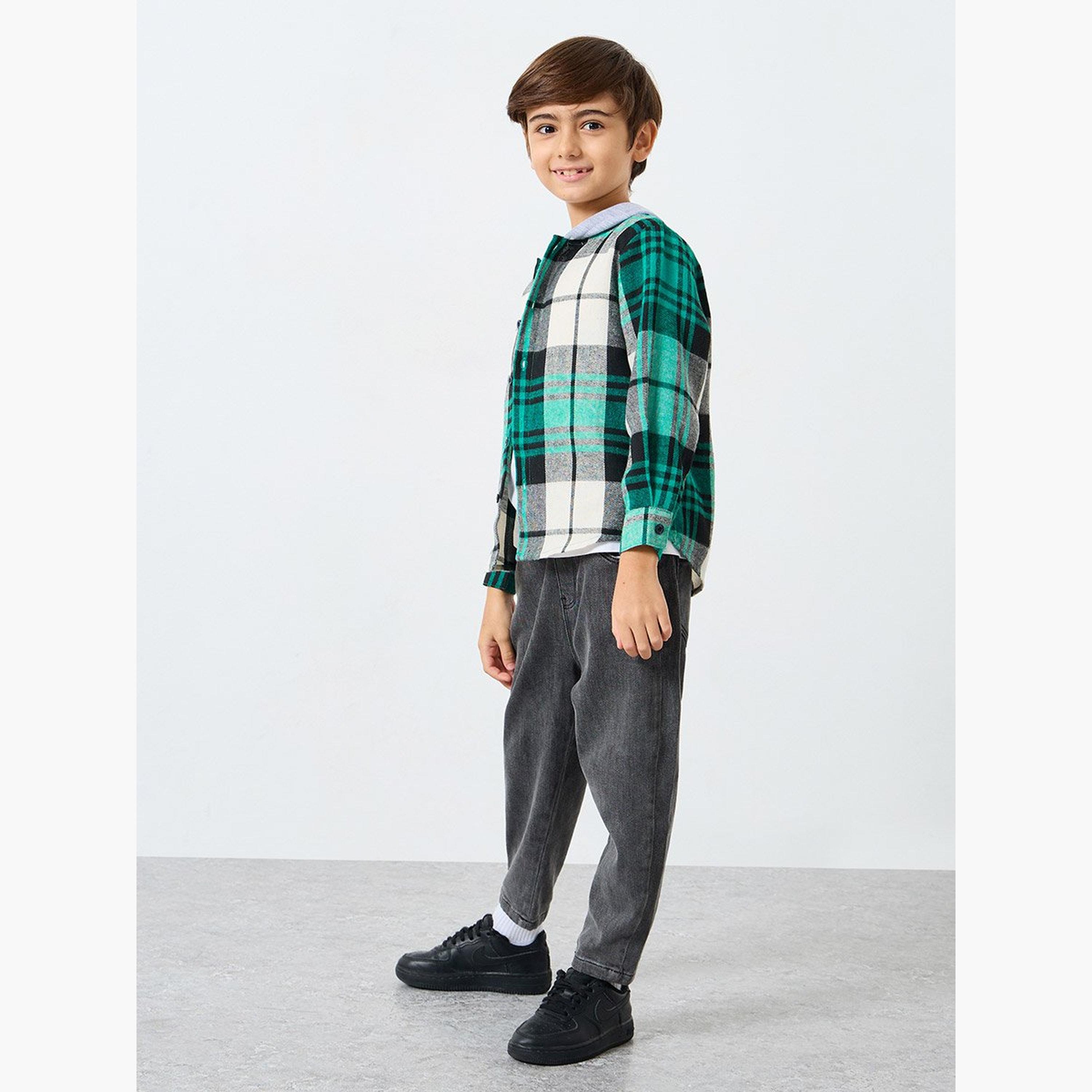 Styli Boys Green Check Hooded Shacket-boys-clothing-shirts-image-2
