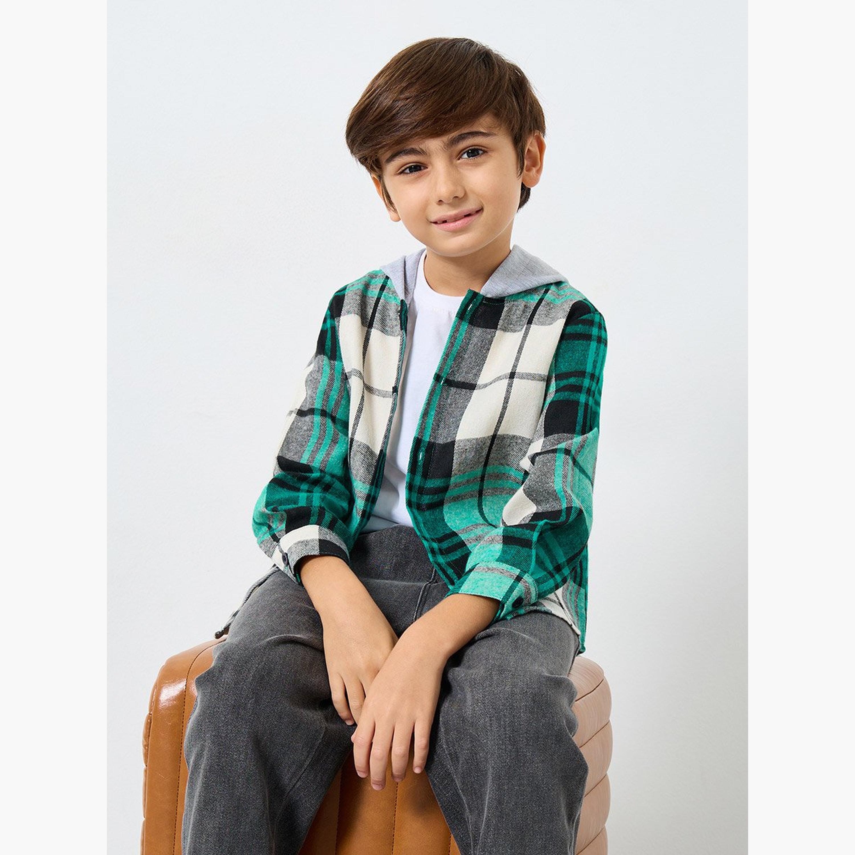 شاكيت بياقة هودي وطبعة مربعات-boys-clothing-shirts-image-3