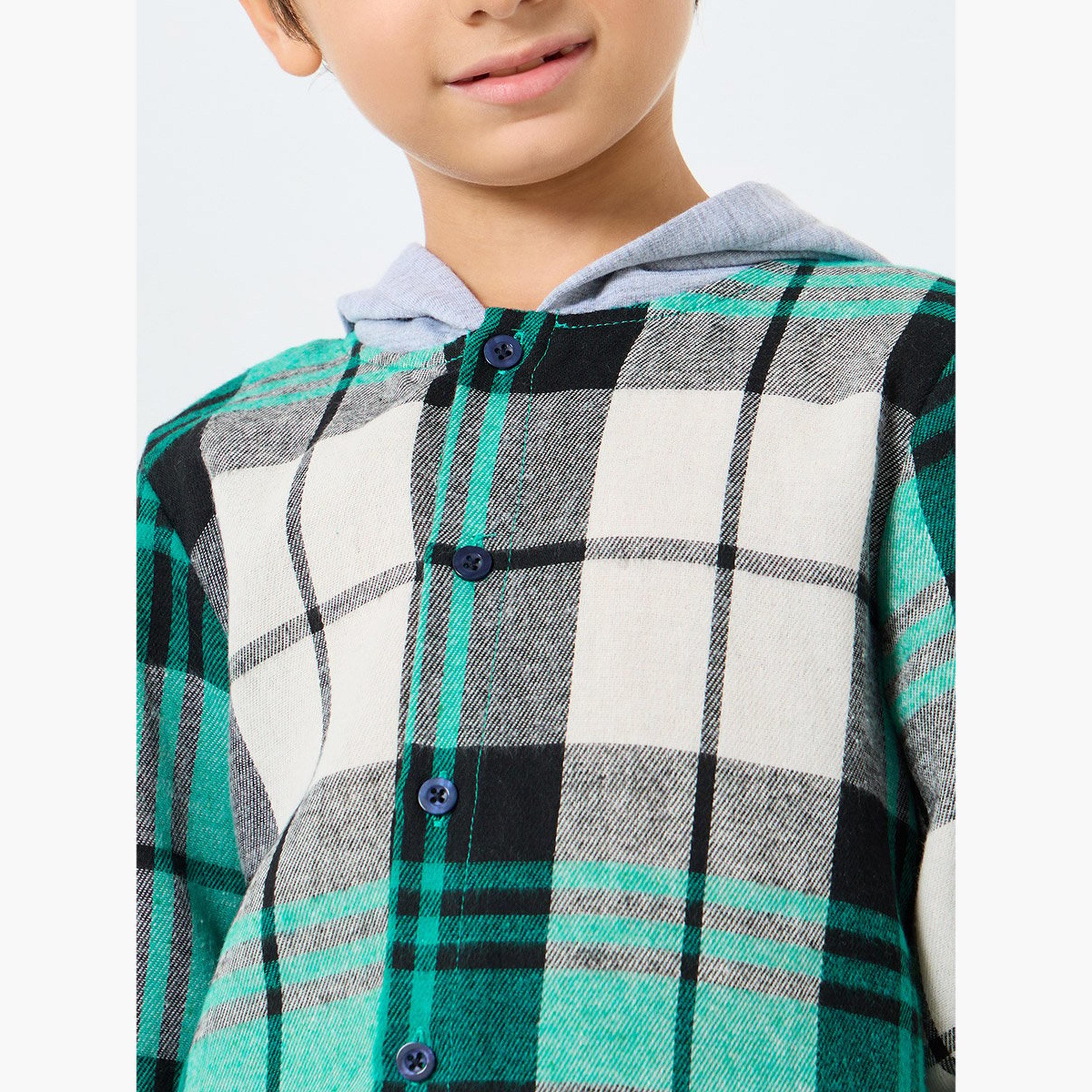 Styli Boys Green Check Hooded Shacket-boys-clothing-shirts-image-4