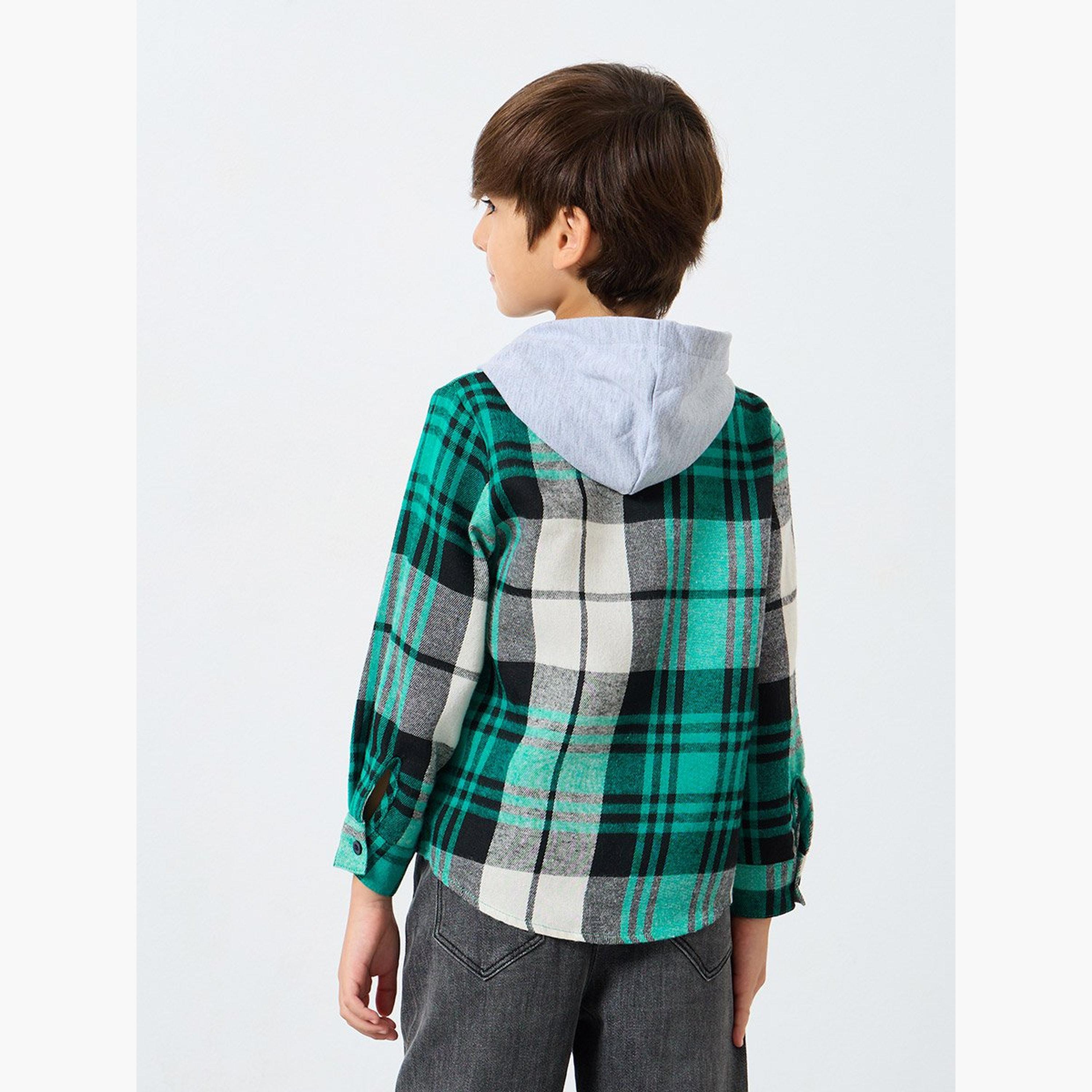 شاكيت بياقة هودي وطبعة مربعات-boys-clothing-shirts-image-5
