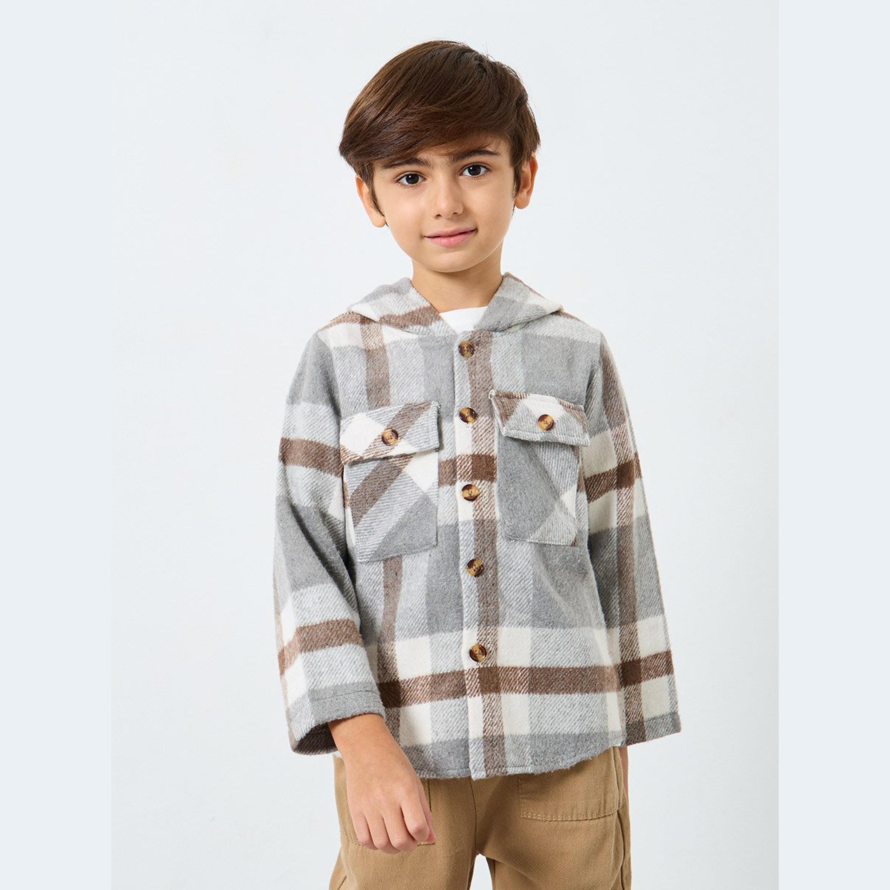 Styli Boys Grey Checkered Hooded Jacket-boys-clothing-jacketsandcoats-image-1