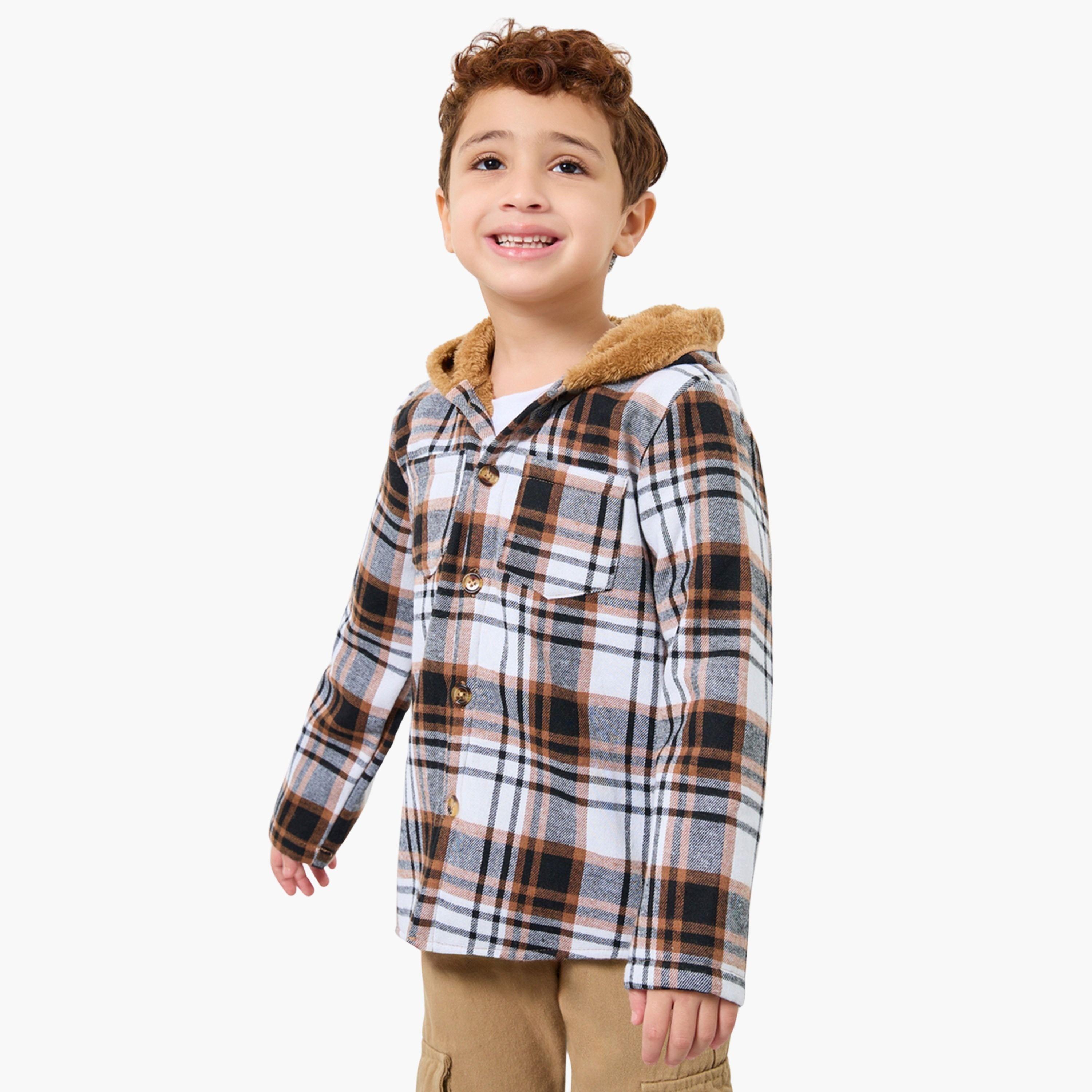 Styli Checked Hooded Neck Long Sleeves Boy's Button Through Jacket-boys-clothing-jacketsandcoats-image-1
