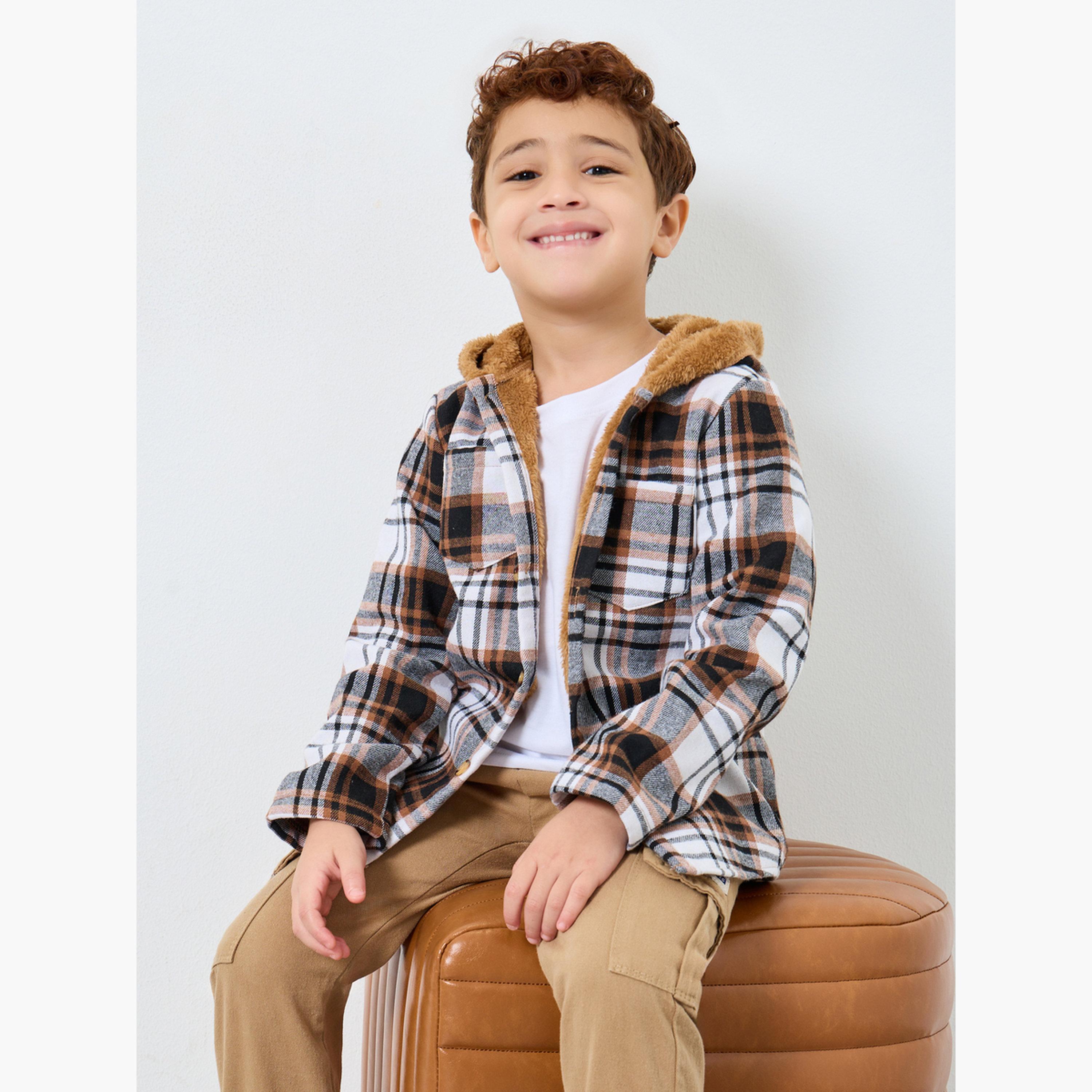 Styli Checked Hooded Neck Long Sleeves Boy's Button Through Jacket-boys-clothing-jacketsandcoats-image-3