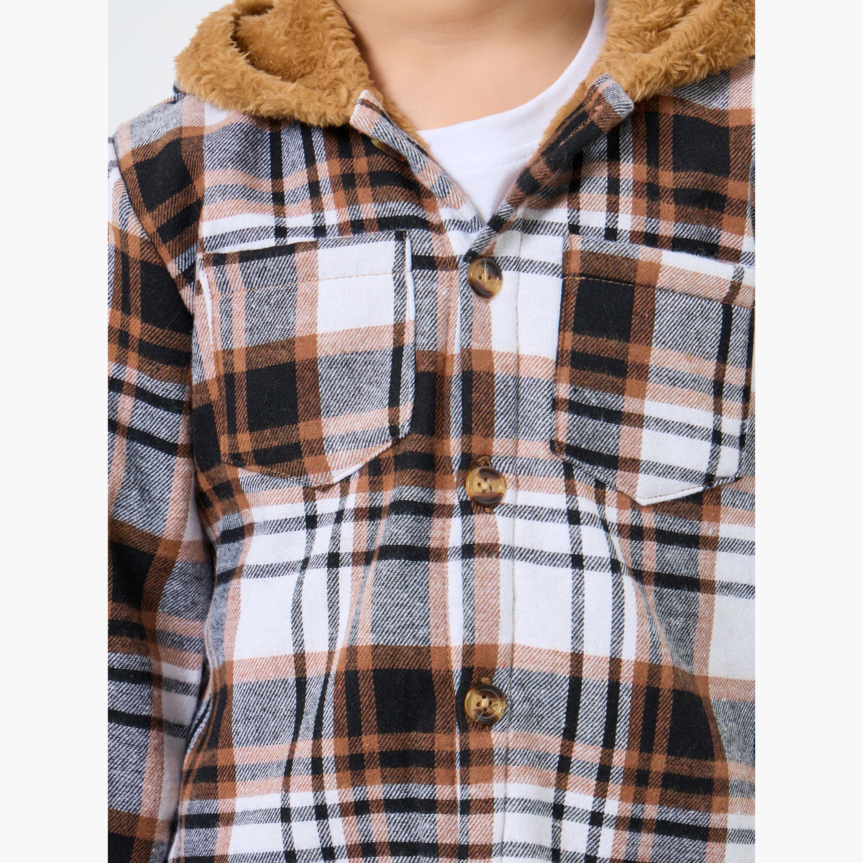 Styli Checked Hooded Neck Long Sleeves Boy's Button Through Jacket-boys-clothing-jacketsandcoats-image-5