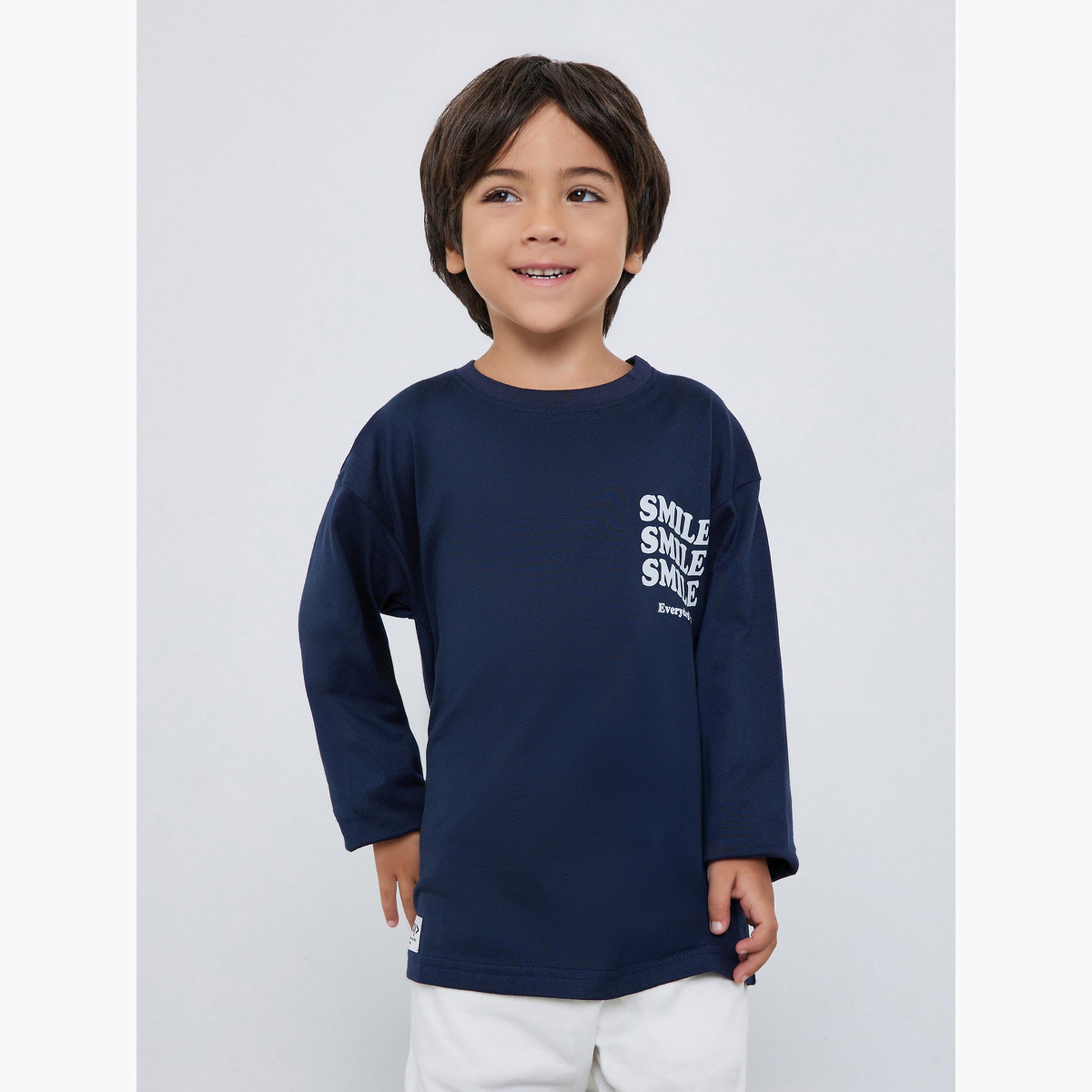 Styli Boys Navy Blue Long Sleeve Slogan T-Shirt-boys-clothing-tshirtsandpolos-image-1