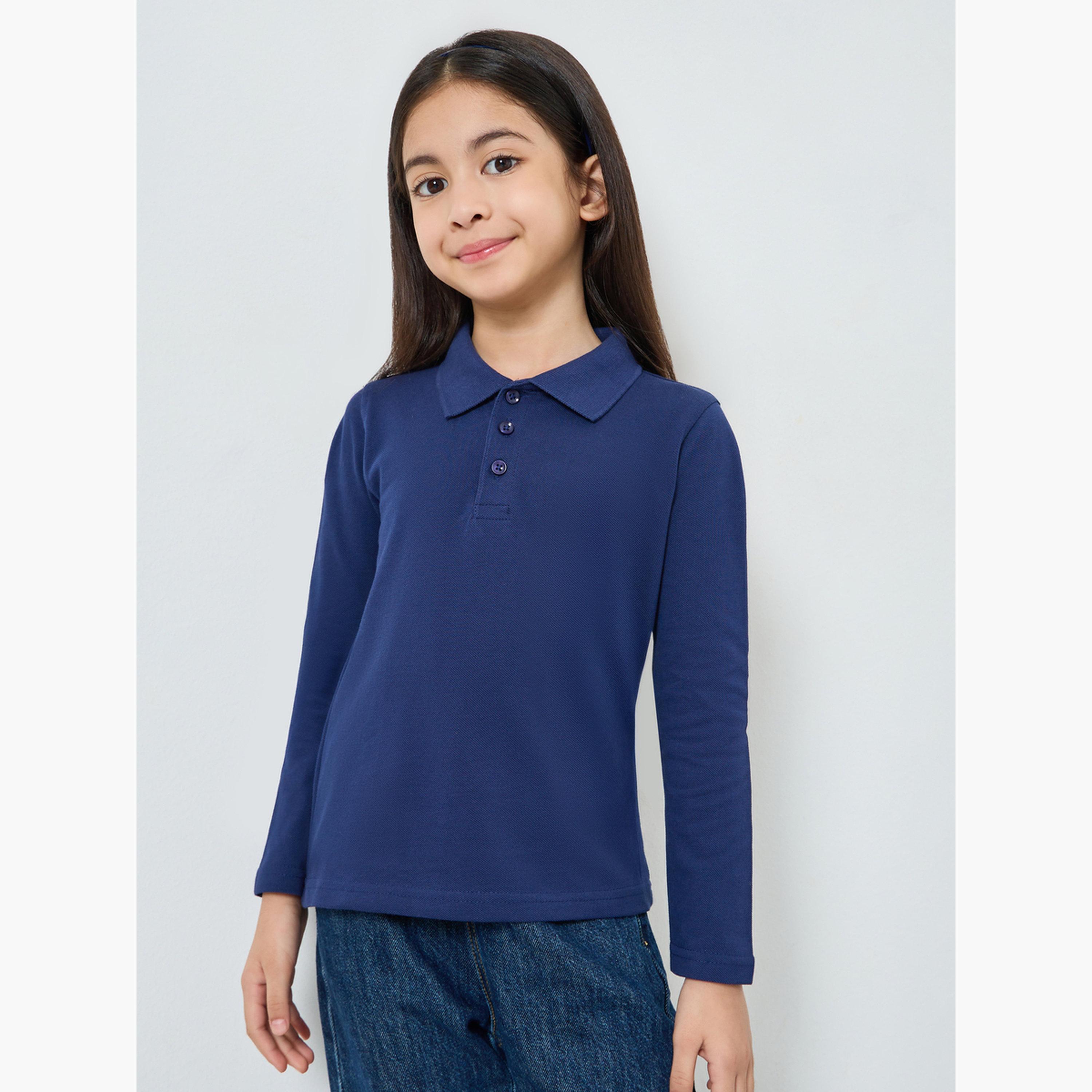 Styli Girls Navy Blue Long Sleeve Polo T-Shirt - Unisex-girls-clothing-tshirts-image-1