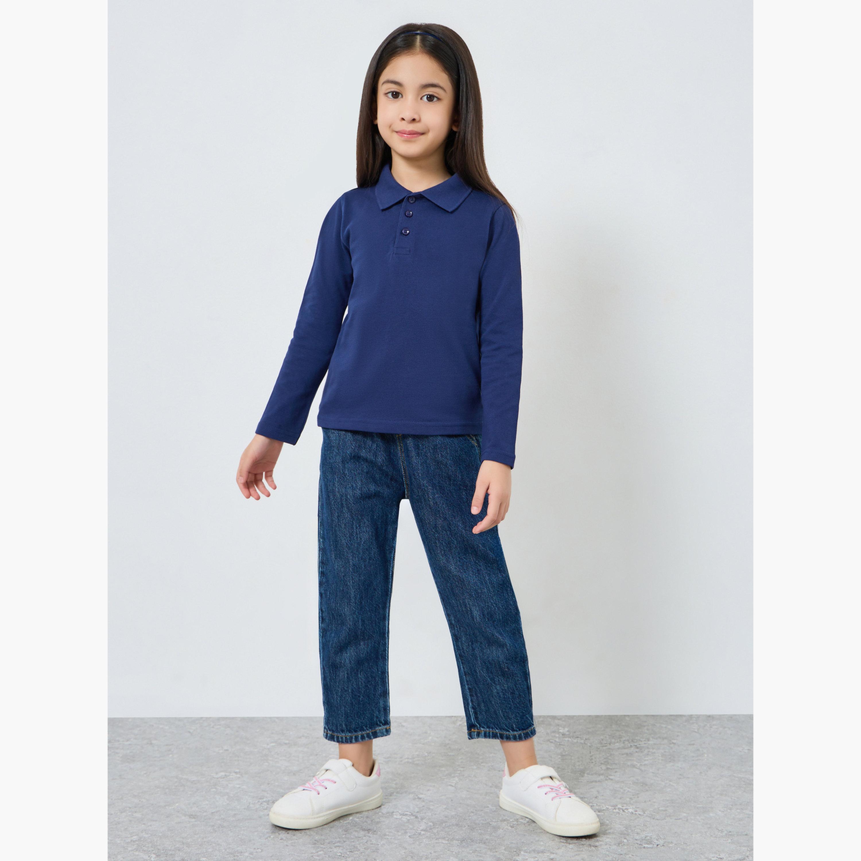 Styli Girls Navy Blue Long Sleeve Polo T-Shirt - Unisex-girls-clothing-tshirts-image-2