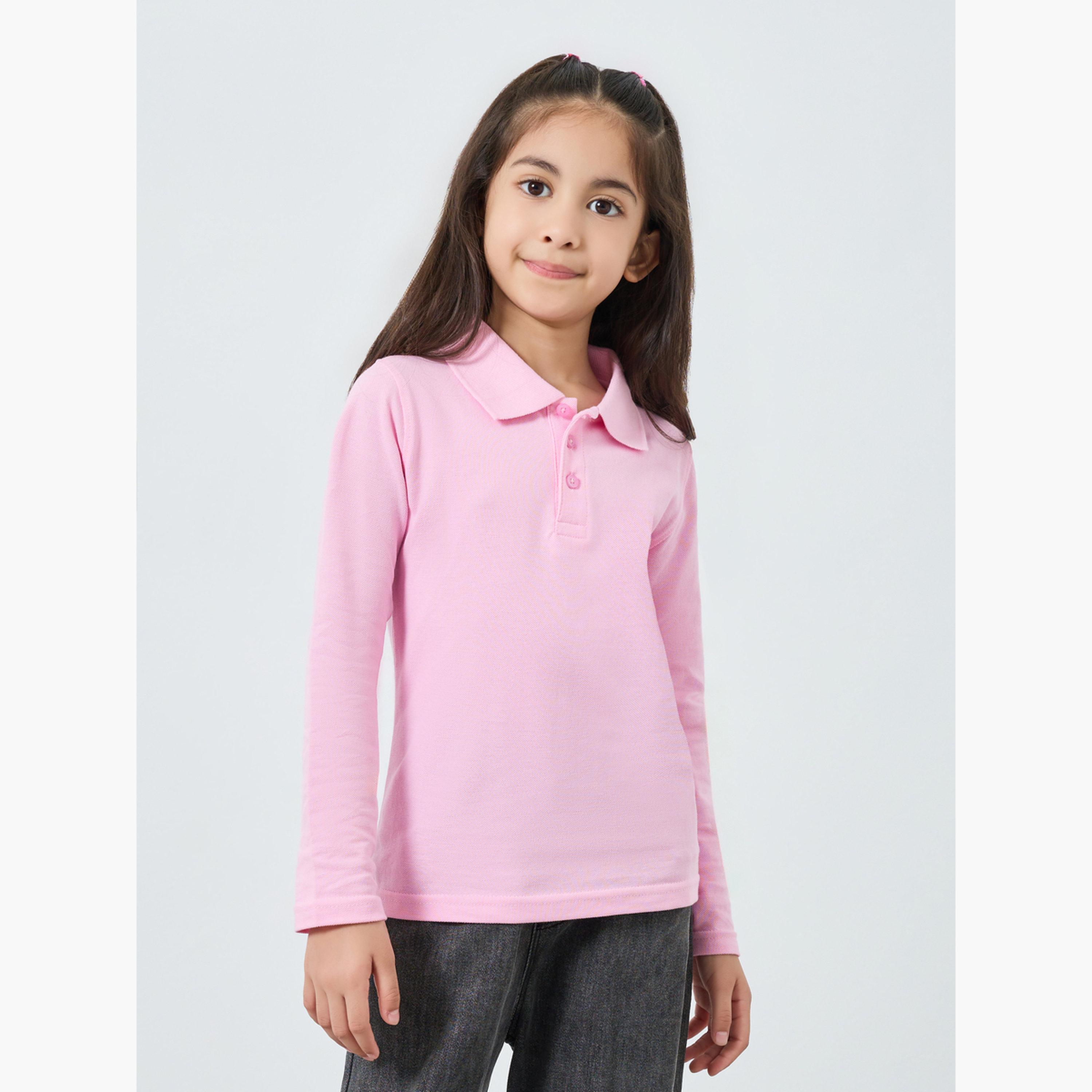 Styli Girls Pink Cotton Long Sleeve Polo T-Shirt-girls-clothing-tshirts-image-1