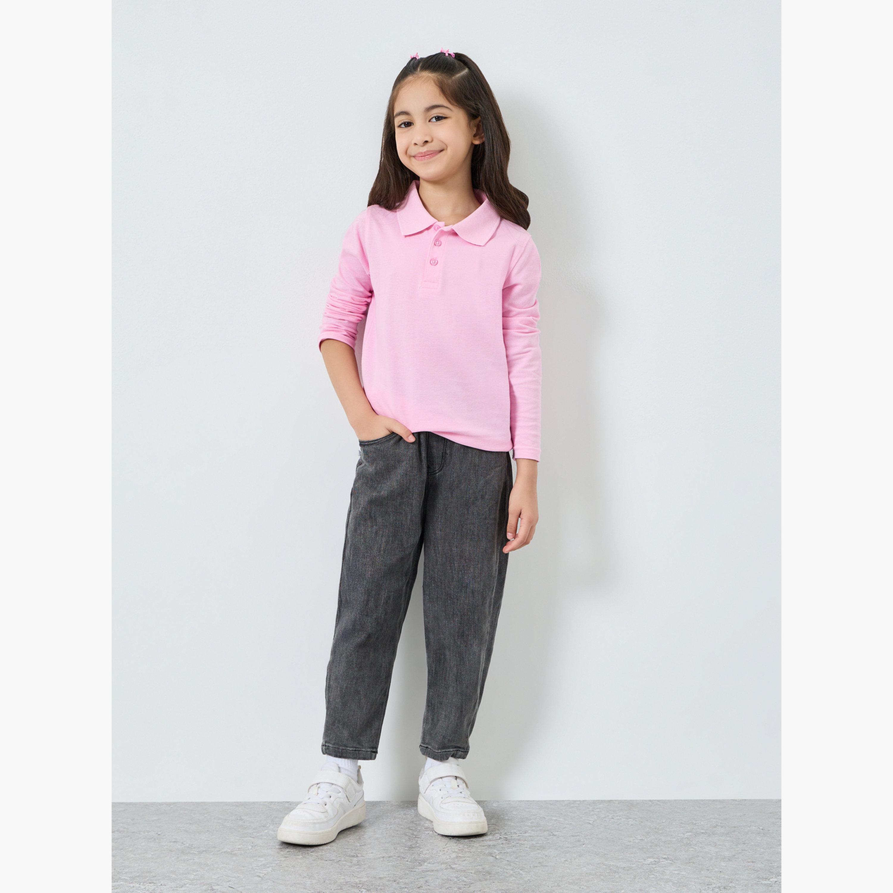 Styli Girls Pink Cotton Long Sleeve Polo T-Shirt-girls-clothing-tshirts-image-2