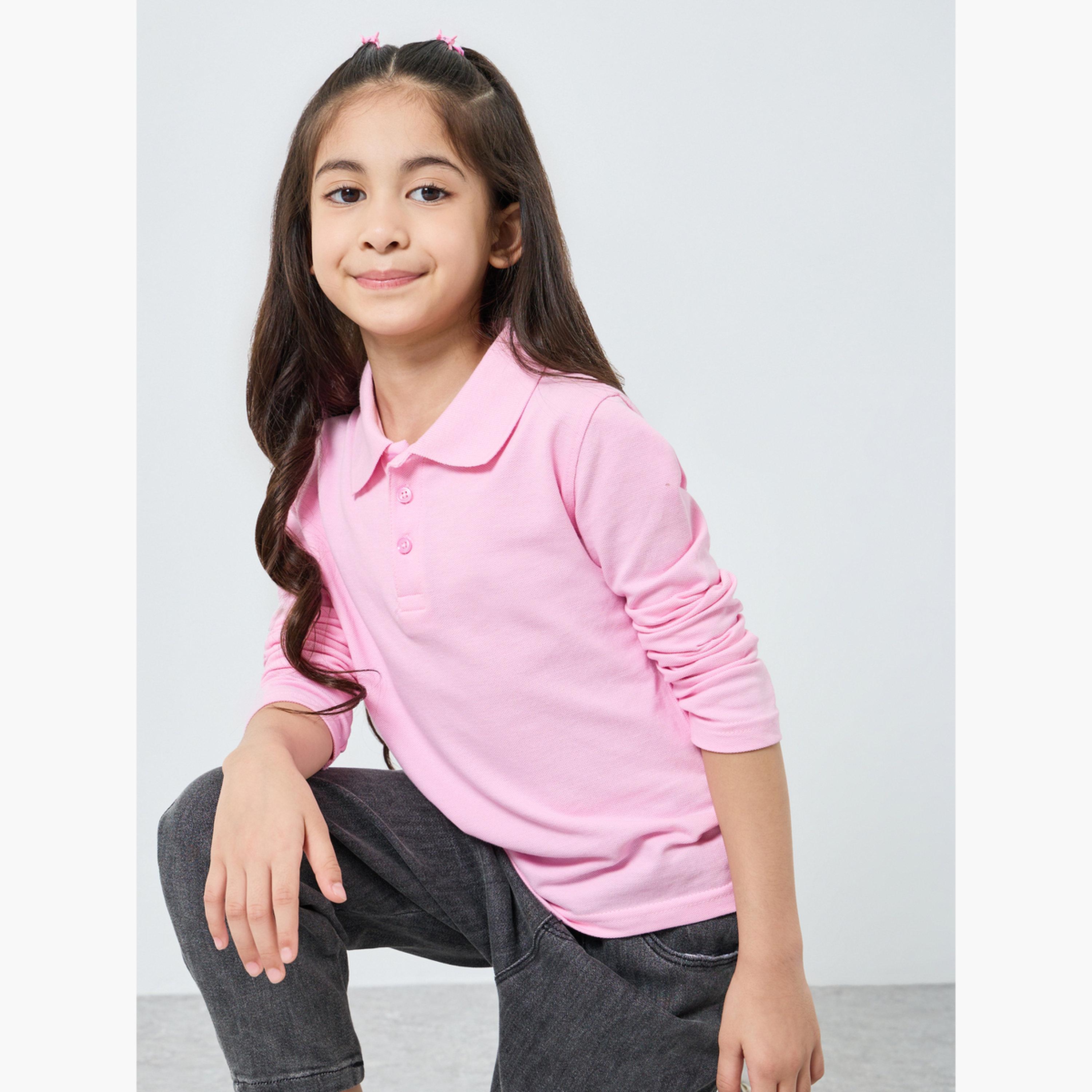 Styli Girls Pink Cotton Long Sleeve Polo T-Shirt-girls-clothing-tshirts-image-3
