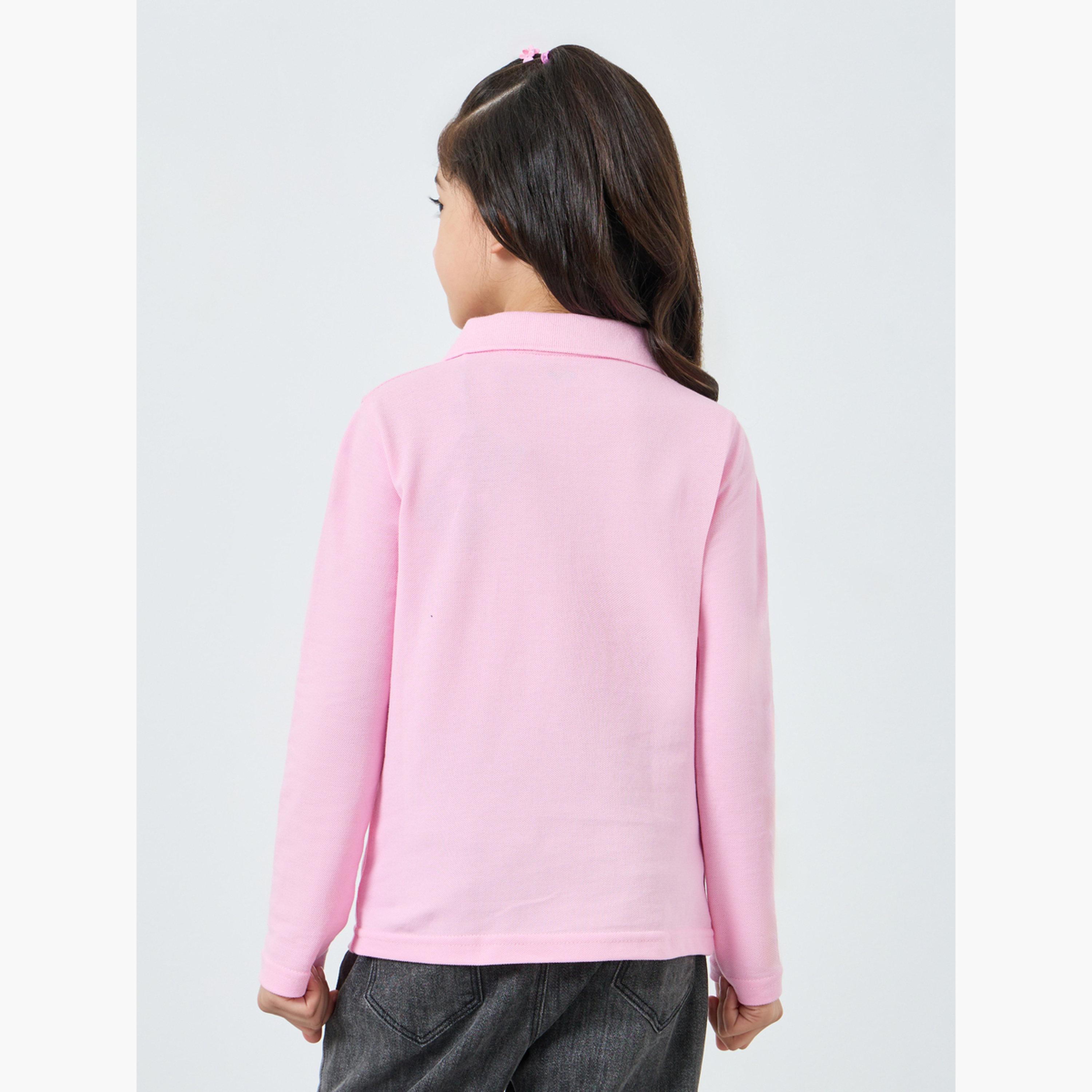 Styli Girls Pink Cotton Long Sleeve Polo T-Shirt-girls-clothing-tshirts-image-5