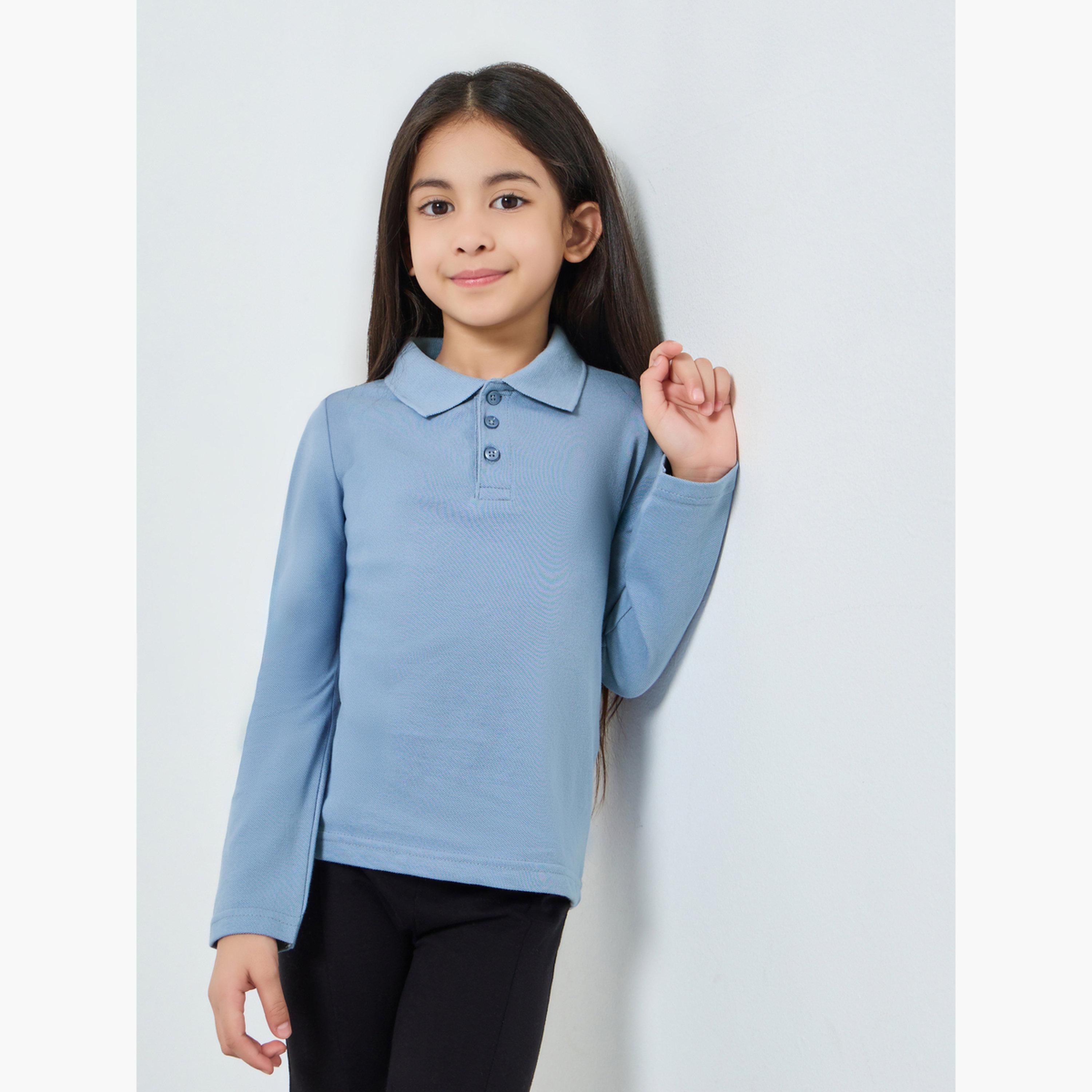 Styli Girls Light Blue Long Sleeve Polo T-Shirt - Unisex-girls-clothing-tshirts-image-1
