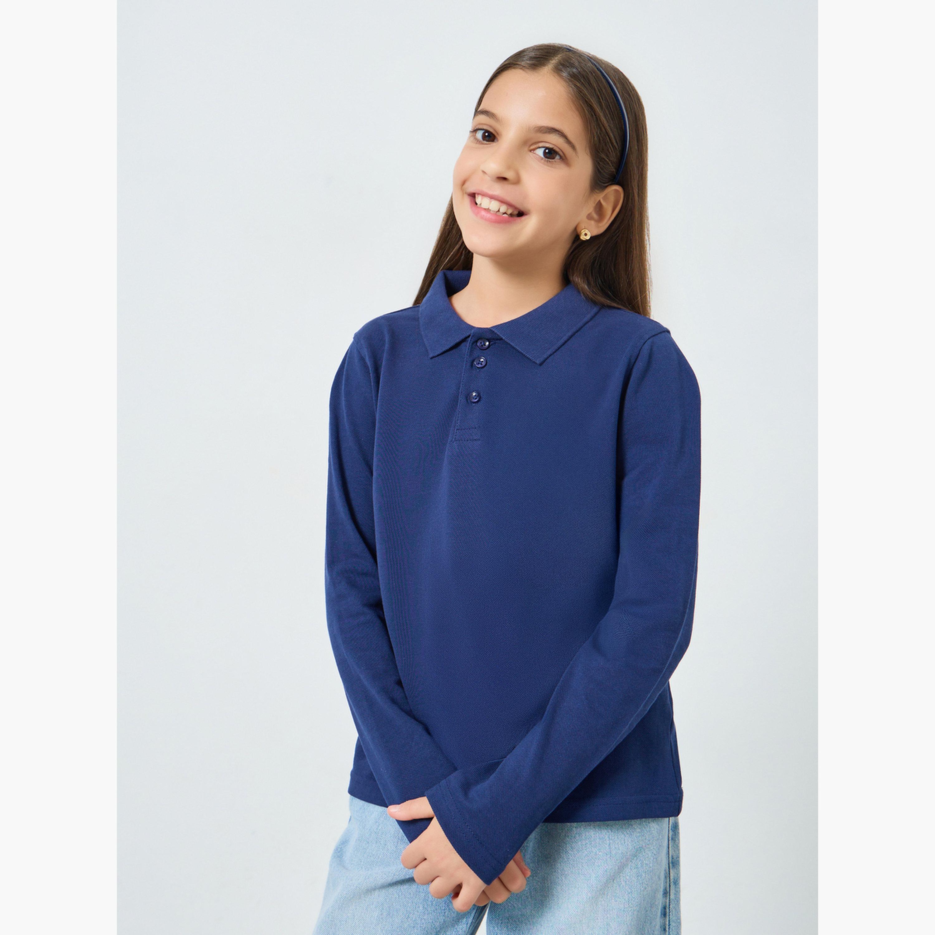 Styli Teens Navy Blue Long Sleeve Polo T-Shirt - Unisex-girls-clothing-tshirts-image-1