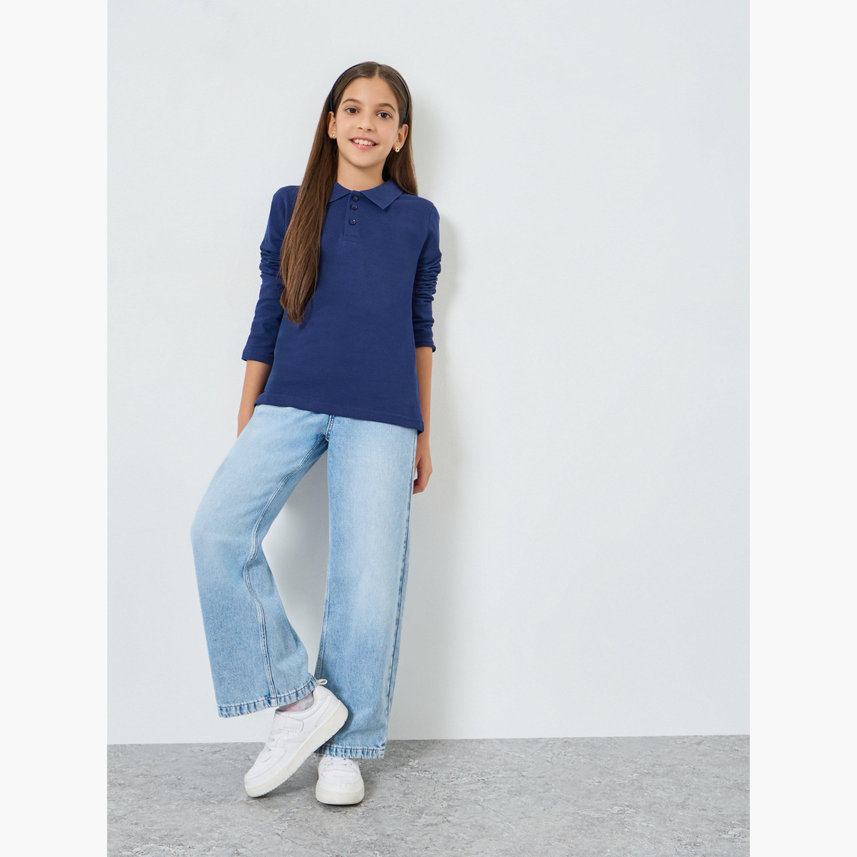 Styli Teens Navy Blue Long Sleeve Polo T-Shirt - Unisex-girls-clothing-tshirts-image-2