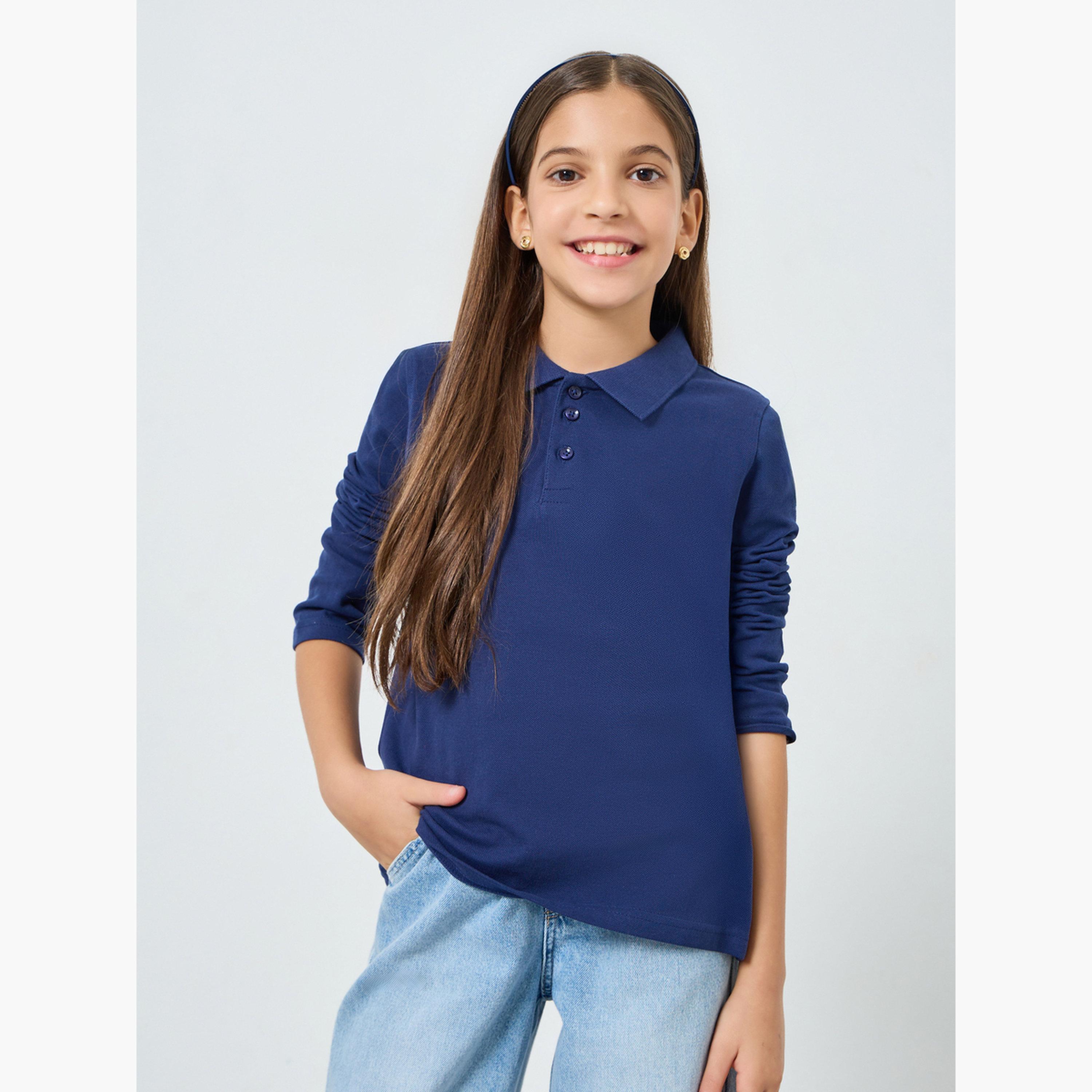 Styli Teens Navy Blue Long Sleeve Polo T-Shirt - Unisex-girls-clothing-tshirts-image-3