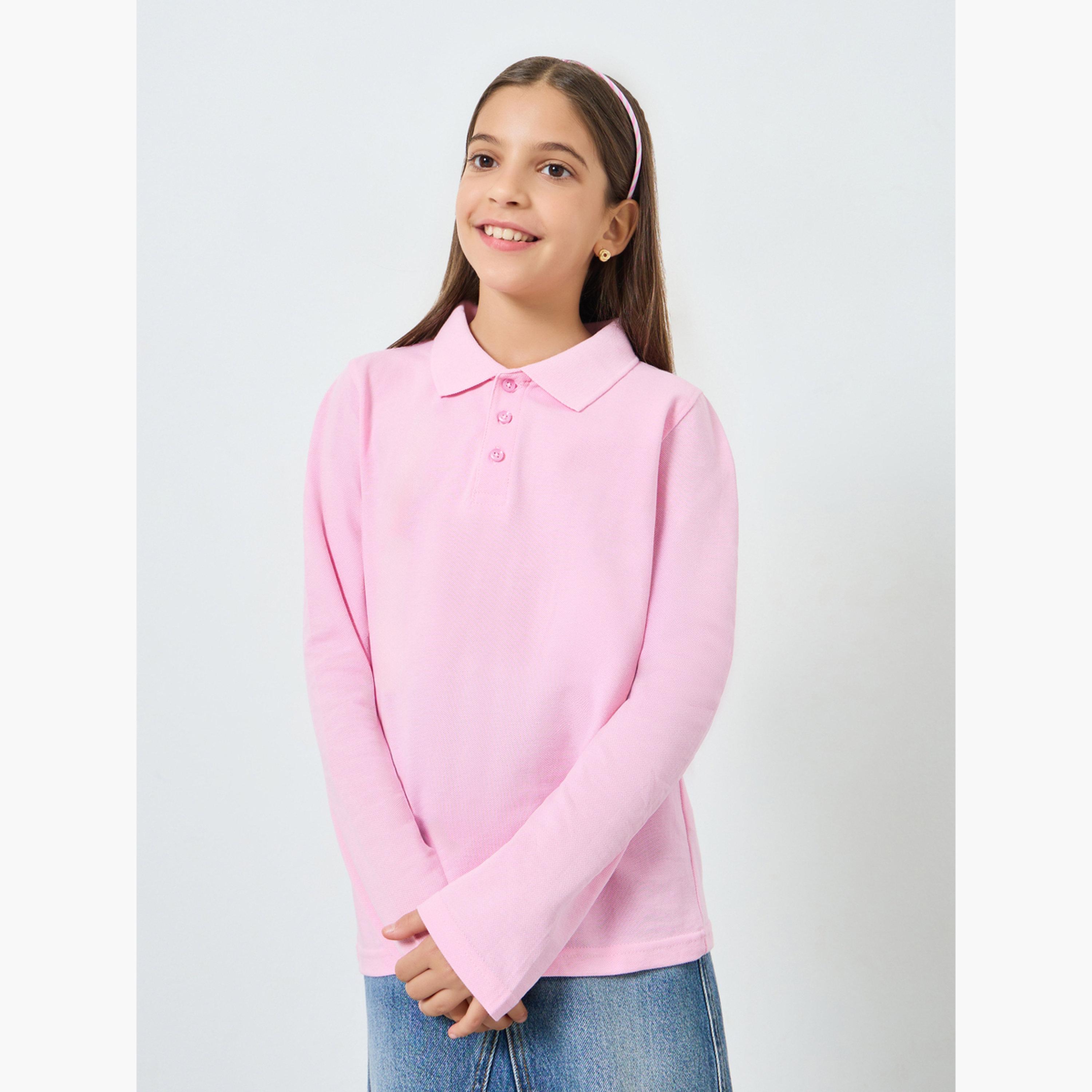 تيشيرت قطن بياقة بولو وأكمام طويلة-girls-clothing-tshirts-image-1