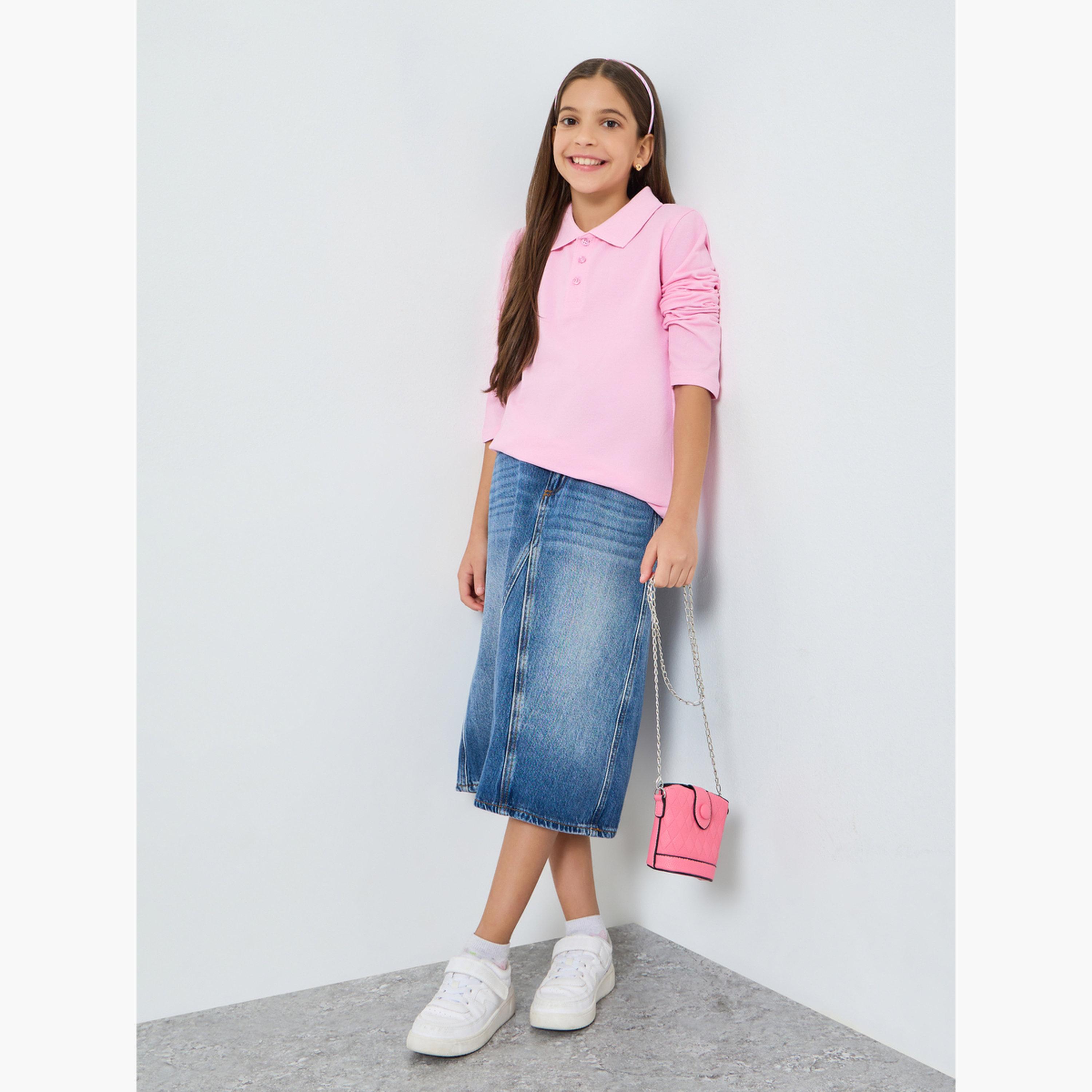 Styli Girls Light Pink Cotton Long Sleeve Polo T-Shirt-girls-clothing-tshirts-image-2