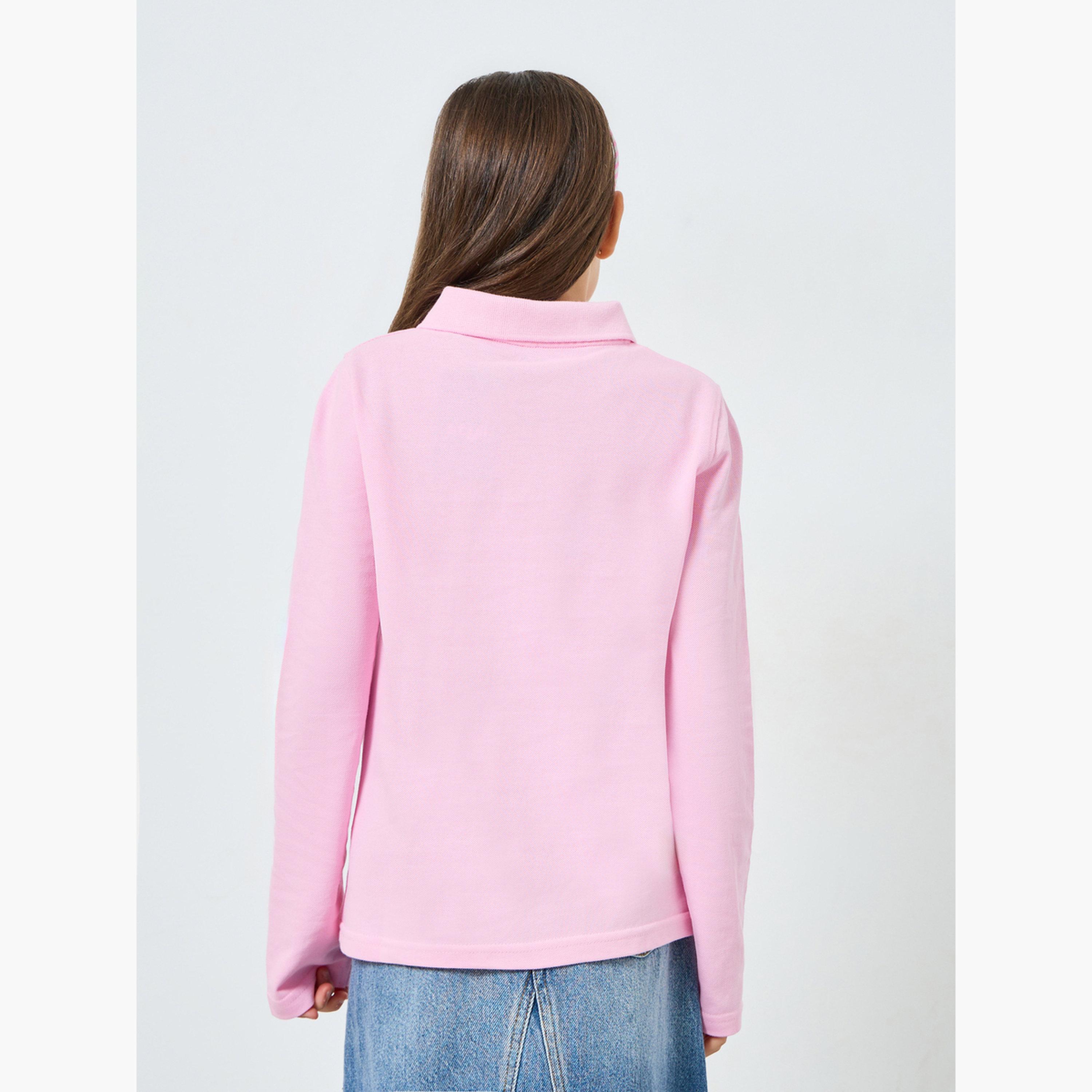 Styli Girls Light Pink Cotton Long Sleeve Polo T-Shirt-girls-clothing-tshirts-image-5