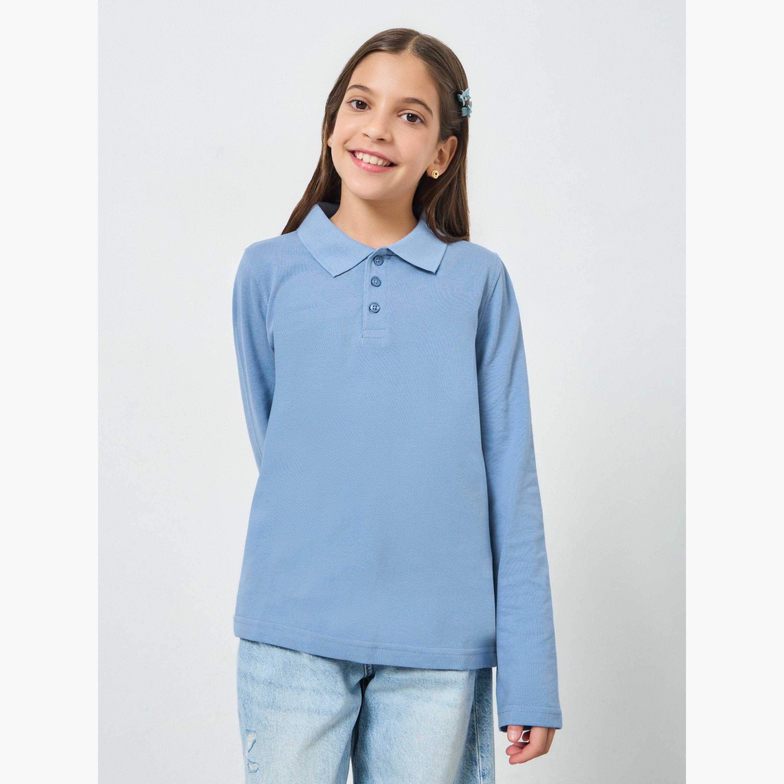 Styli Teens Light Blue Long Sleeve Polo T-Shirt - Unisex-girls-clothing-tshirts-image-1