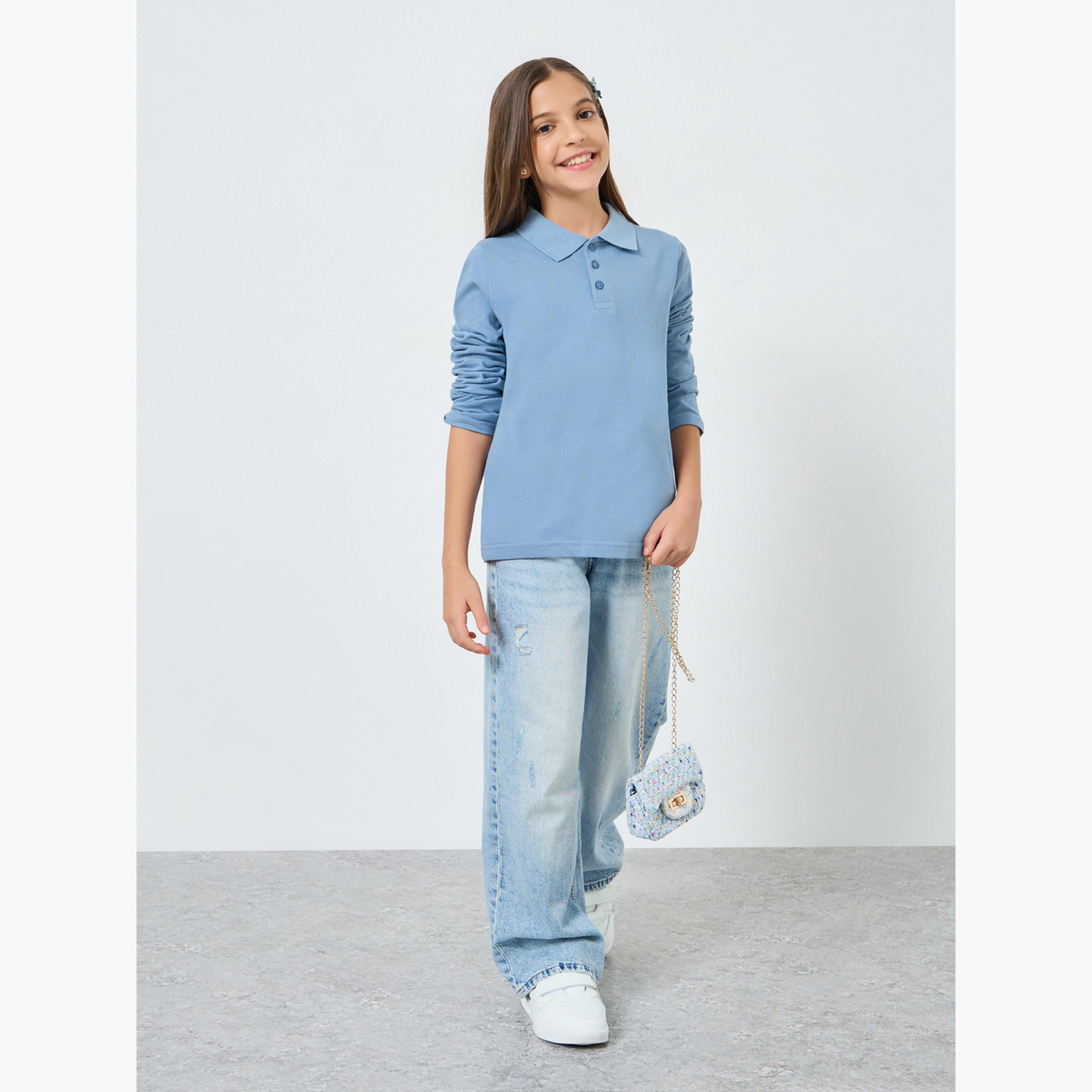 Styli Teens Light Blue Long Sleeve Polo T-Shirt - Unisex-girls-clothing-tshirts-image-2