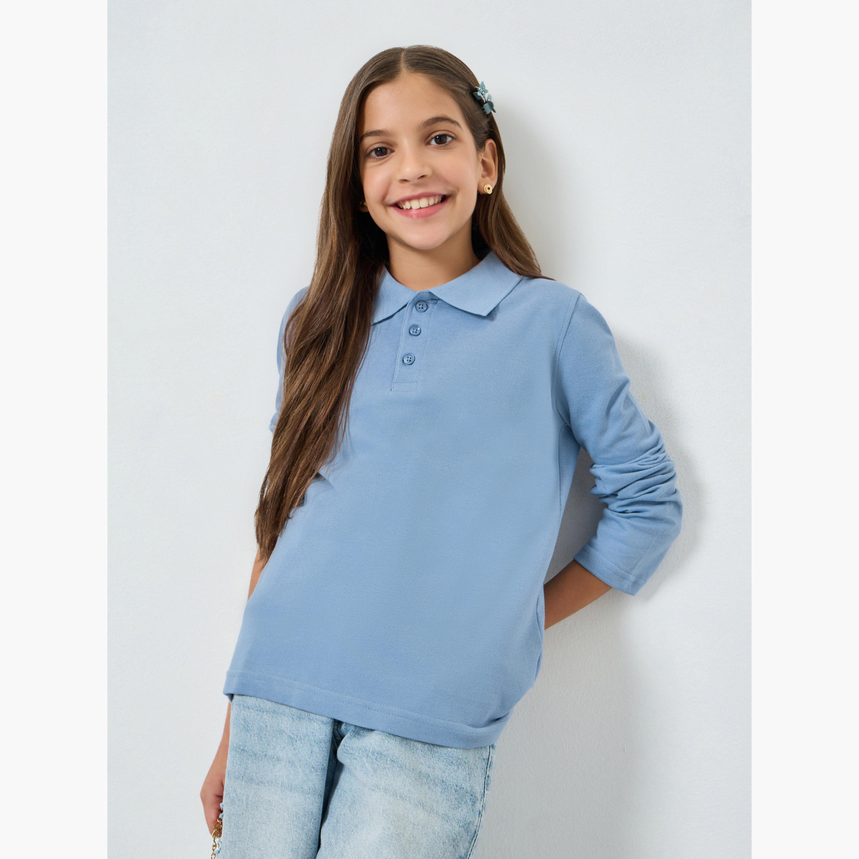 Styli Teens Light Blue Long Sleeve Polo T-Shirt - Unisex-girls-clothing-tshirts-image-3