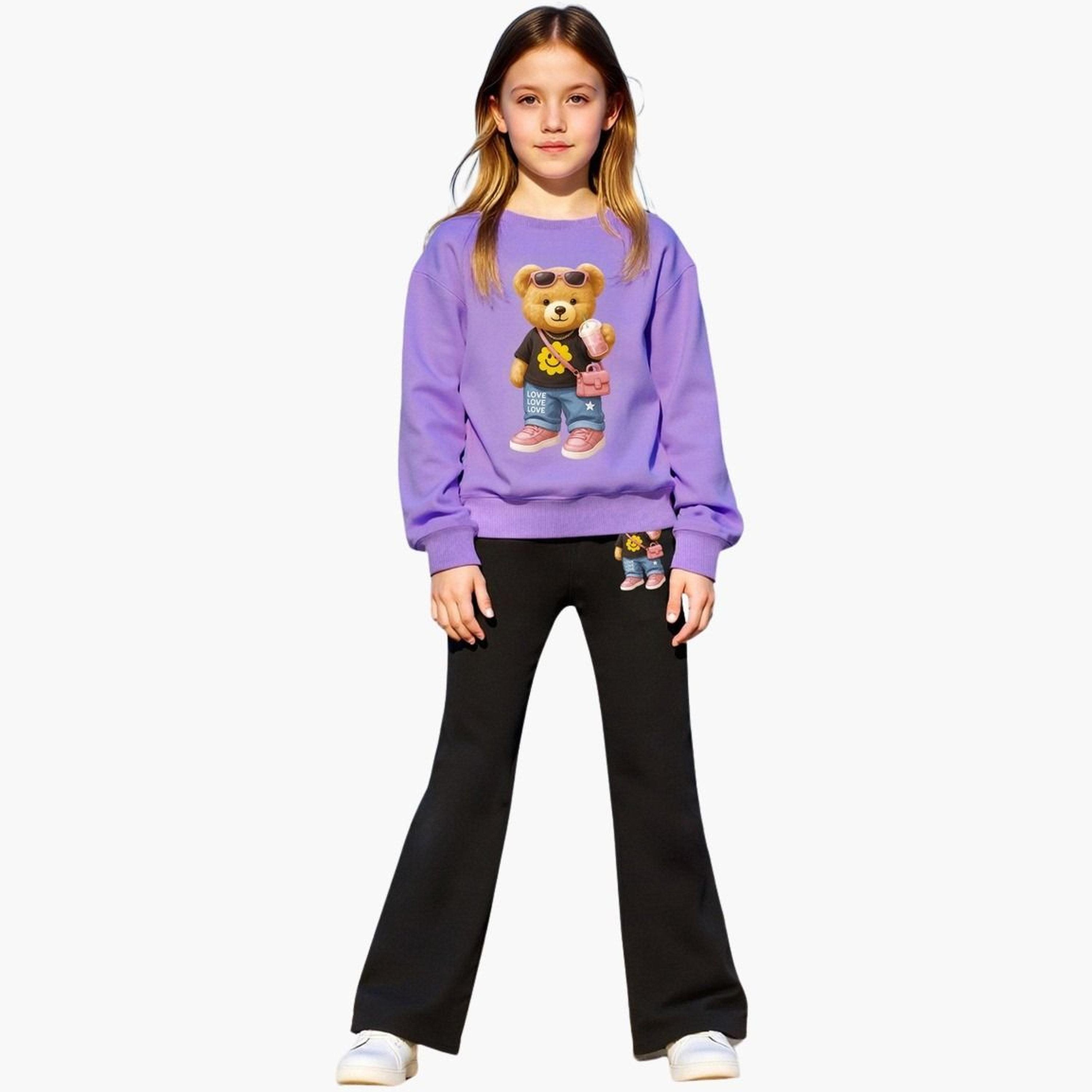 Take Two Teens Teddy Bear Graphic Sweatshirt and Flare Pants Set-girls-clothing-setsandcoords-image-1