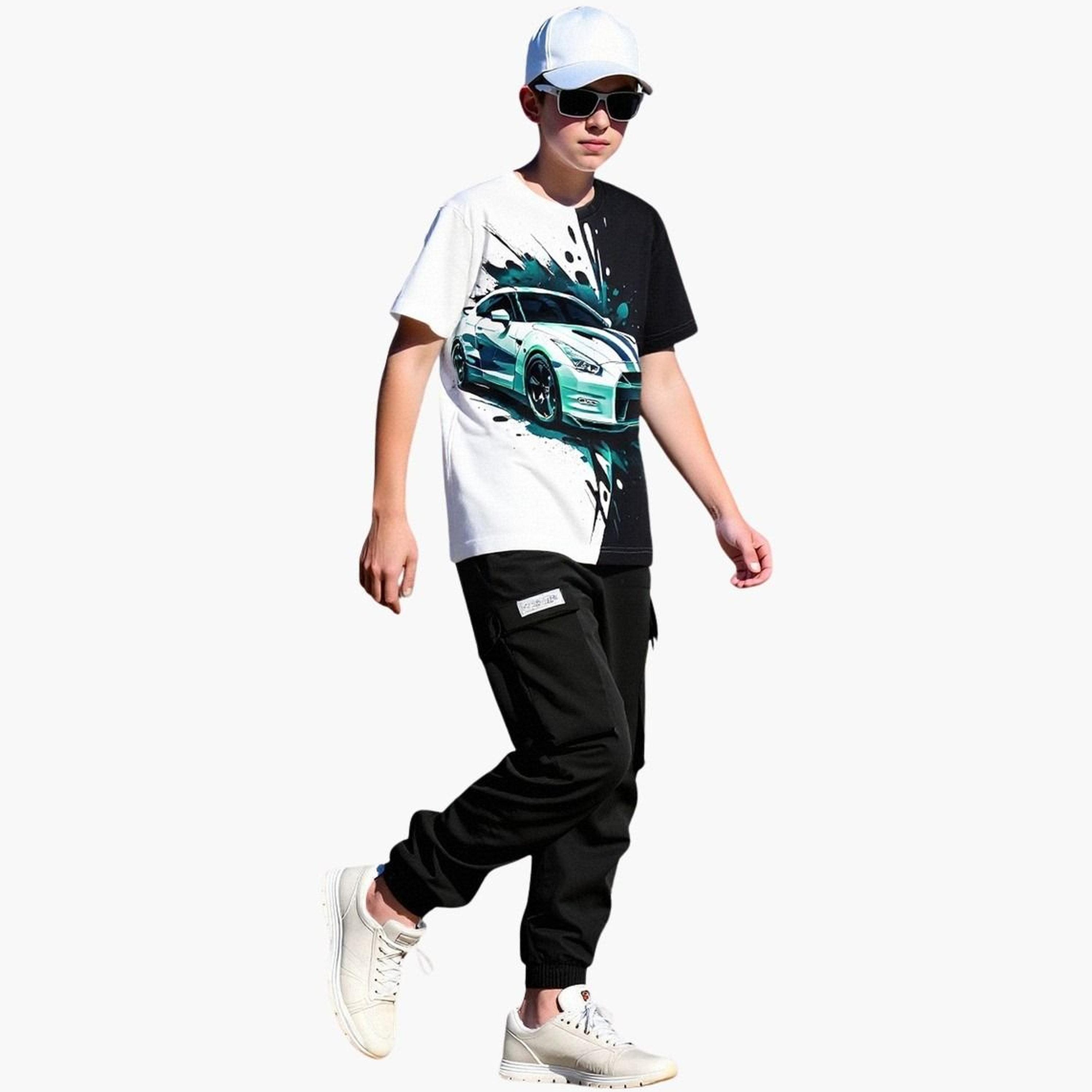 تيك تو - طقم تي شيرت وبنطال رياضي برسومات سيارات للمراهقين-boys-clothing-setsandcoords-image-1