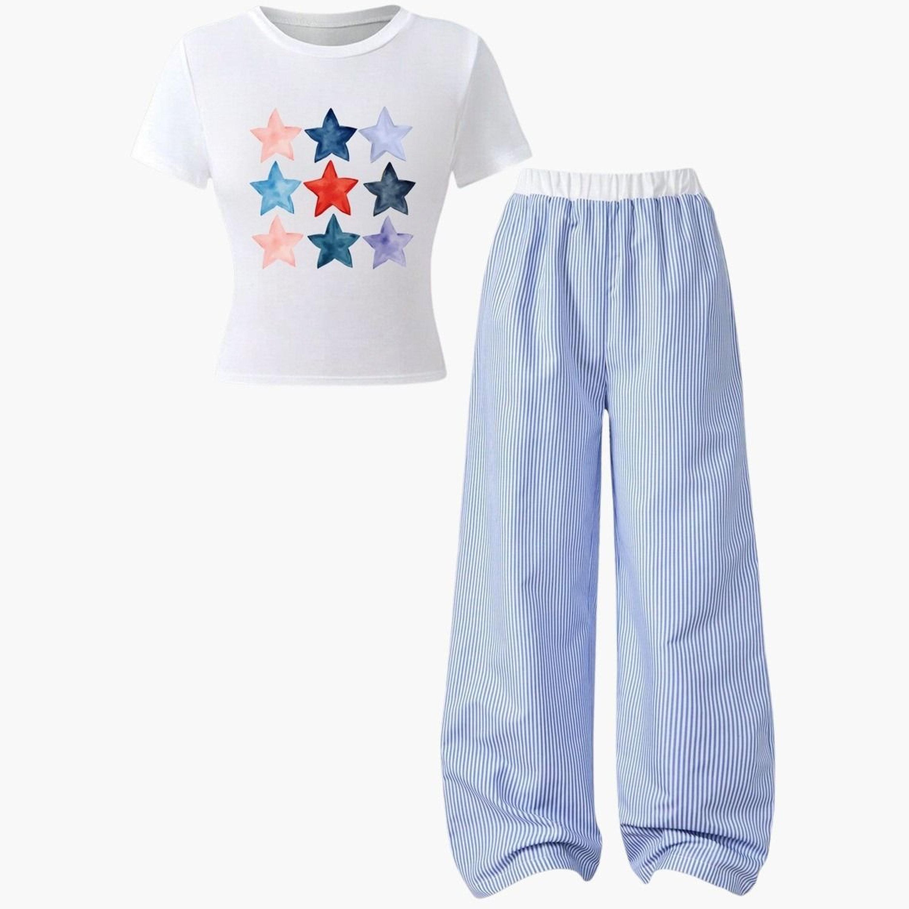 تيك تو - طقم تي شيرت بطبعة نجوم المراهقين وبنطال مخطط-girls-clothing-setsandcoords-image-4