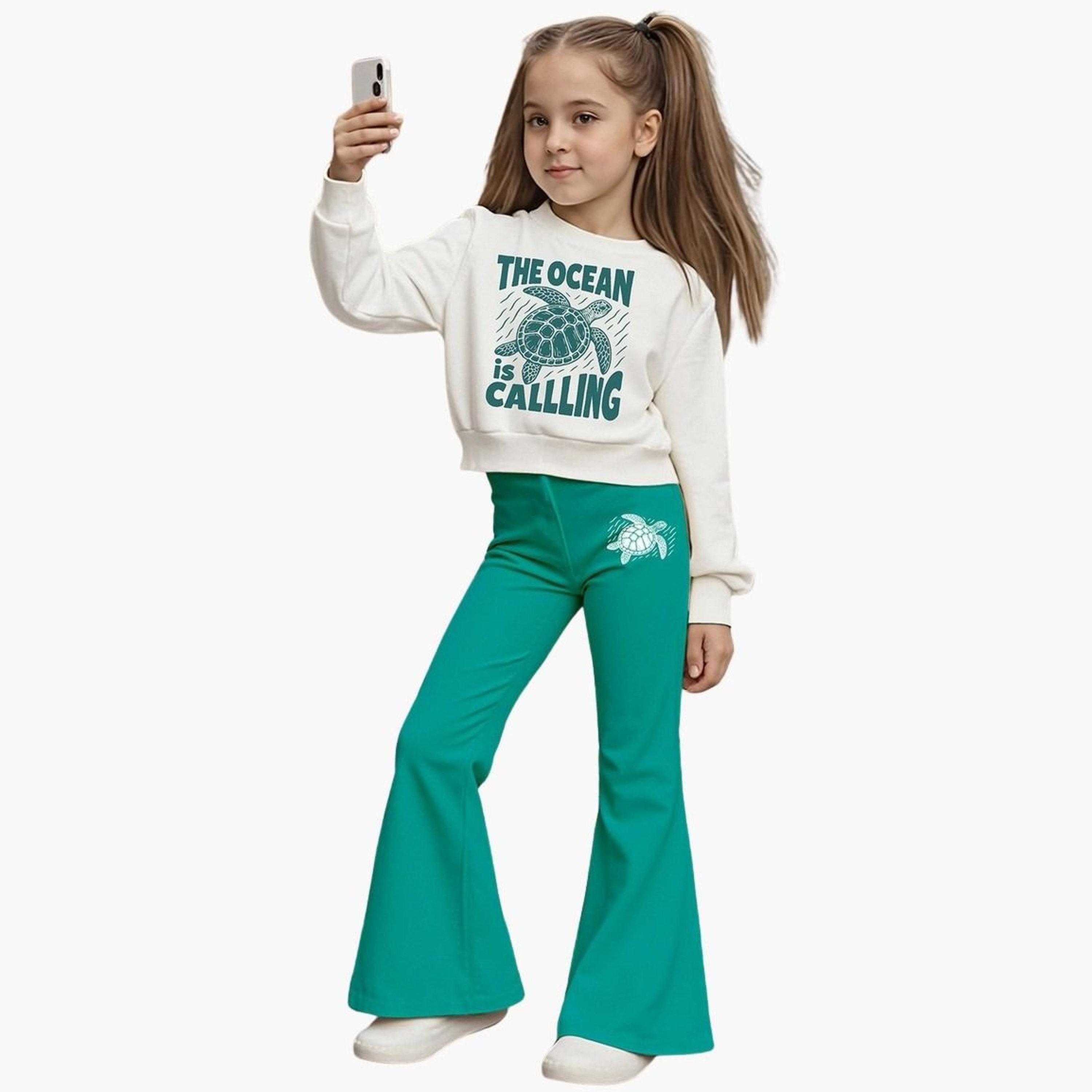 Take Two Teens Turtle Graphic Sweatshirt and Flare Pants Set-girls-clothing-setsandcoords-image-1