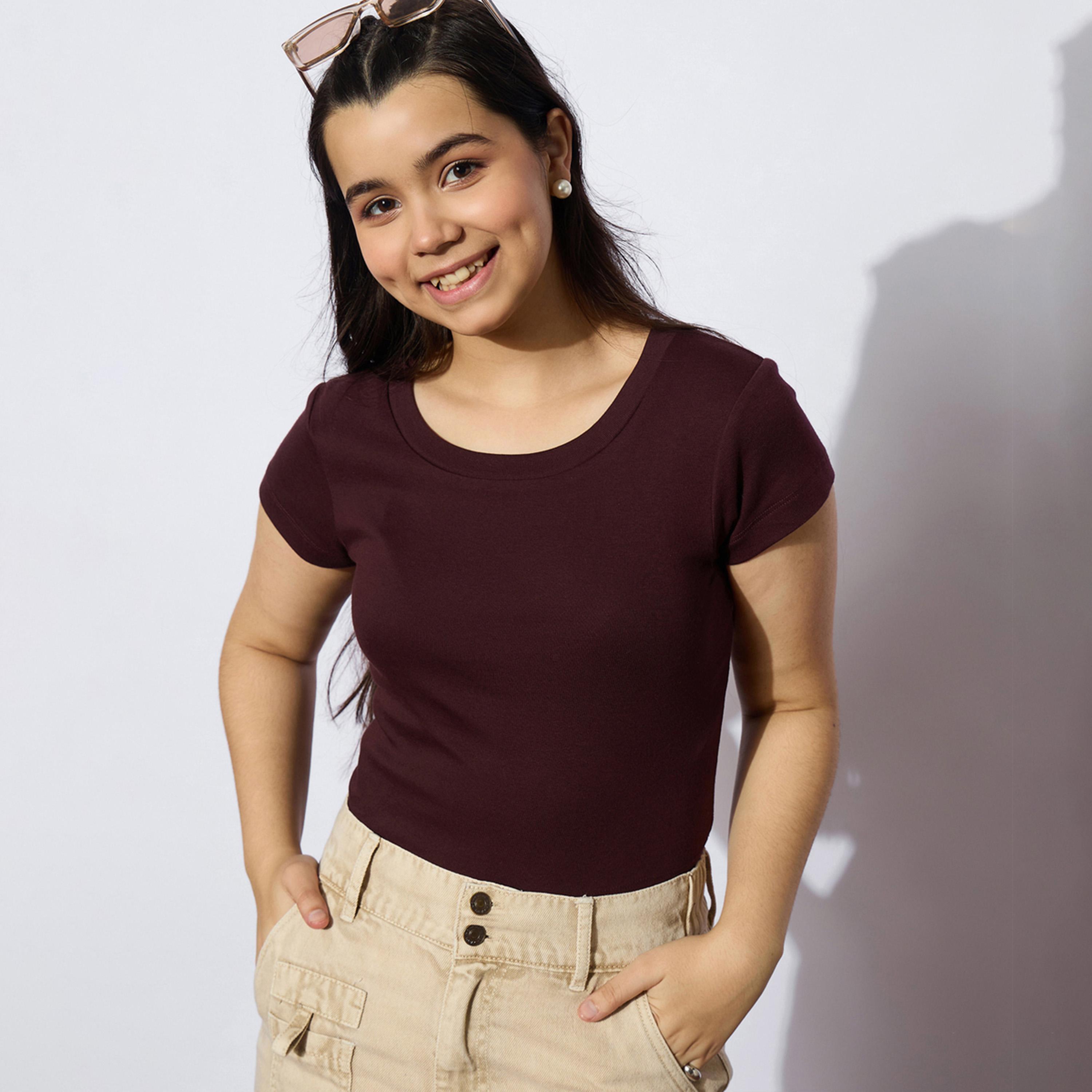 Noh-Voh Girls Maroon Ribbed Short Sleeve Top-girls-clothing-tshirts-image-1