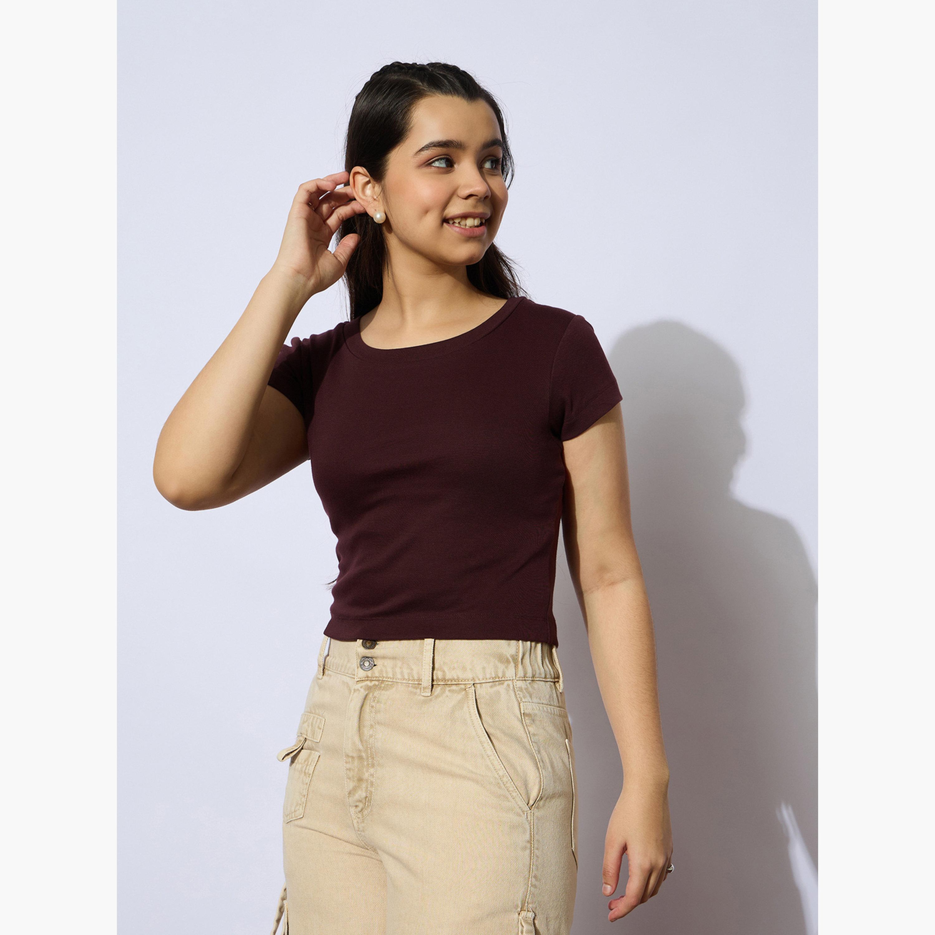 نوه-فوه - بلوزة بأكمام قصيرة مضلعة لون كستنائي للبنات-girls-clothing-tshirts-image-3