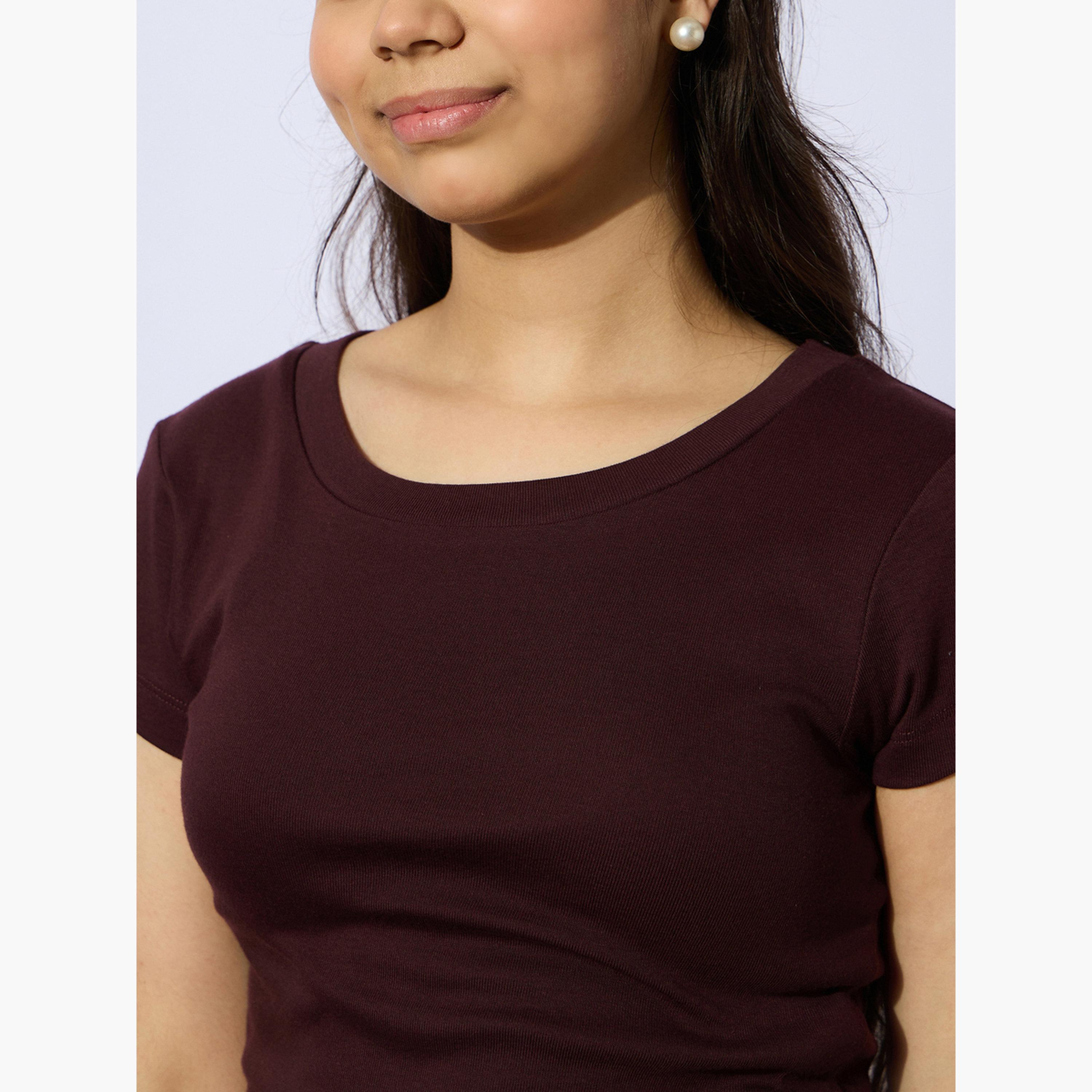 نوه-فوه - بلوزة بأكمام قصيرة مضلعة لون كستنائي للبنات-girls-clothing-tshirts-image-4