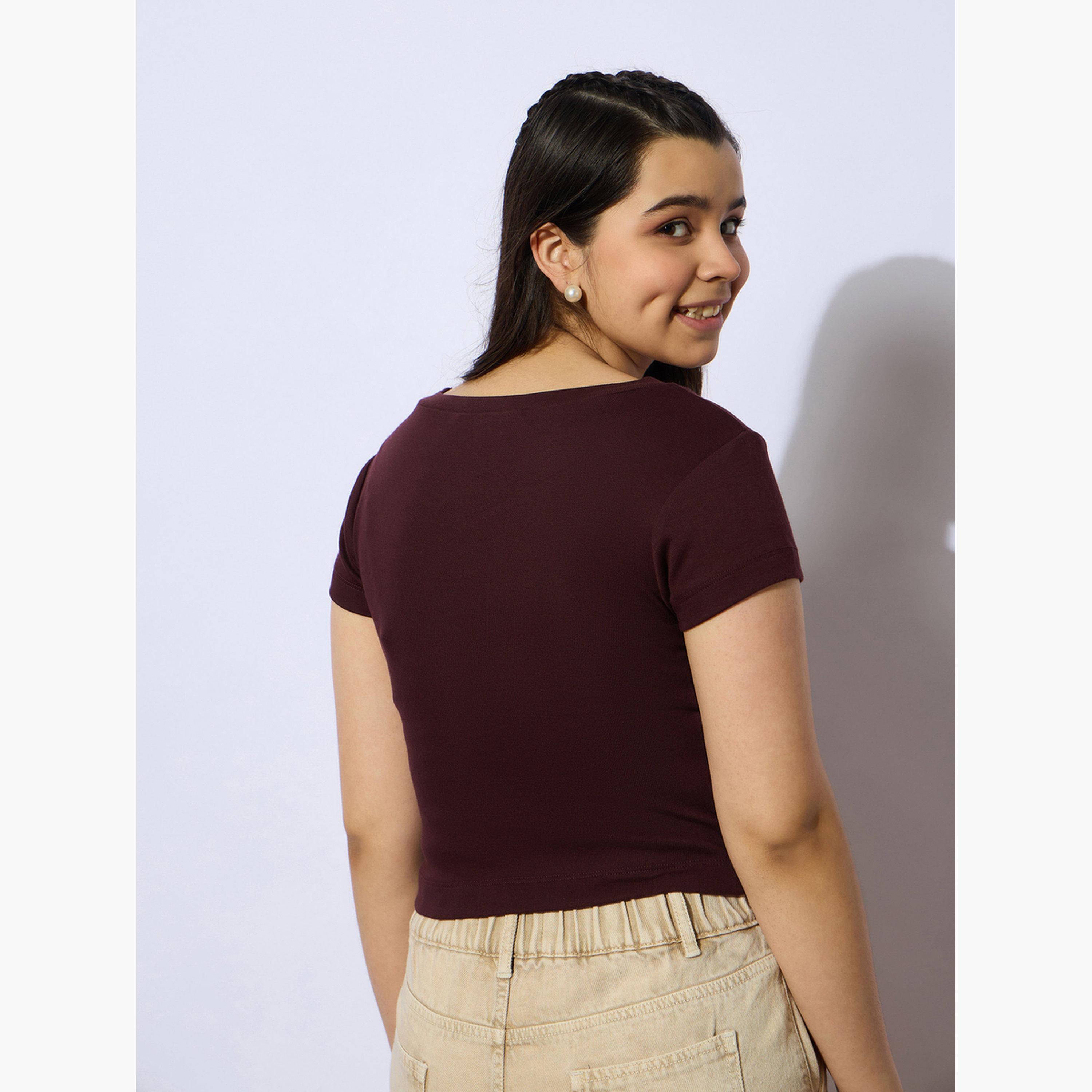 نوه-فوه - بلوزة بأكمام قصيرة مضلعة لون كستنائي للبنات-girls-clothing-tshirts-image-5
