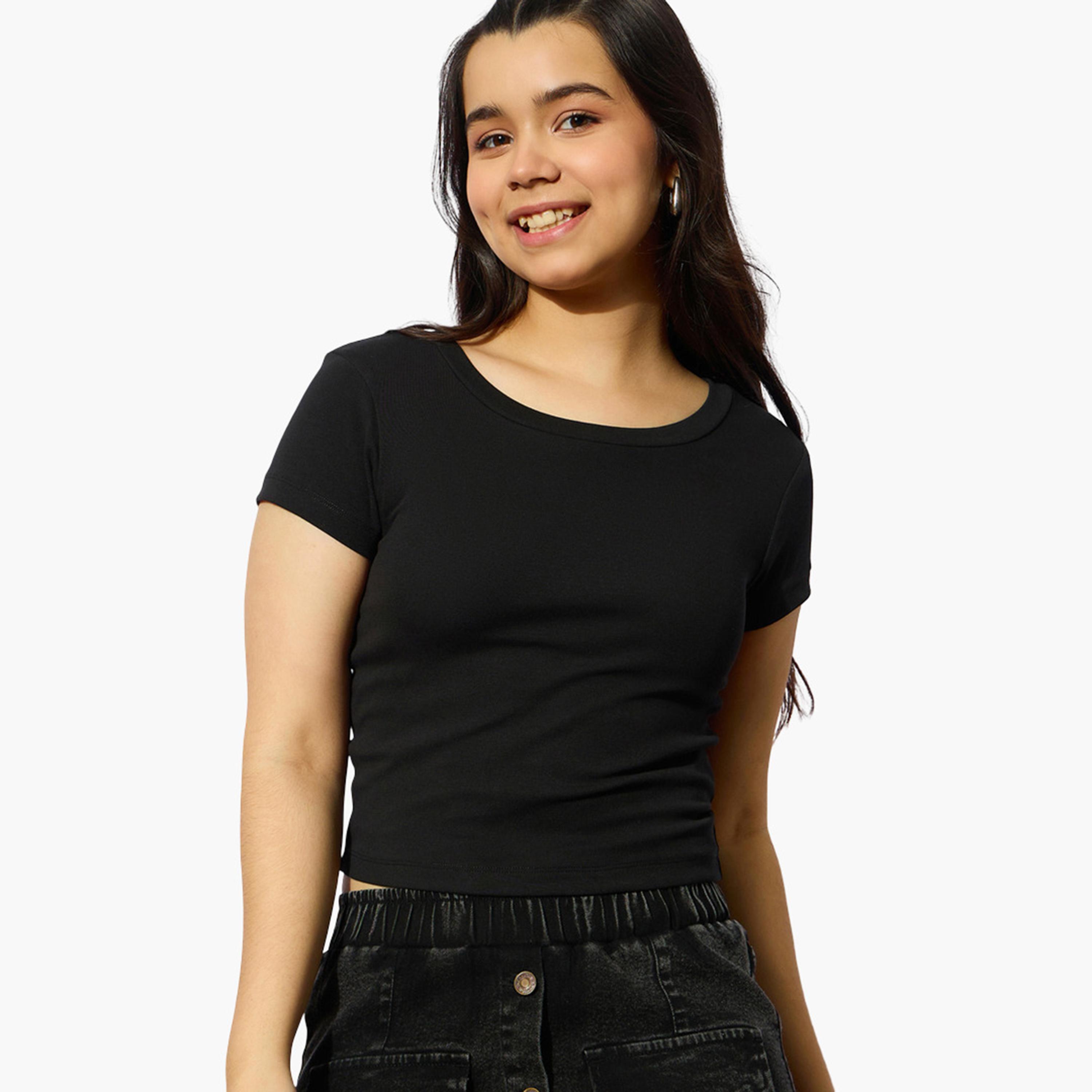 نوه-فوه - بلوزة سوداء مضلعة بأكمام قصيرة للبنات-girls-clothing-tshirts-image-1