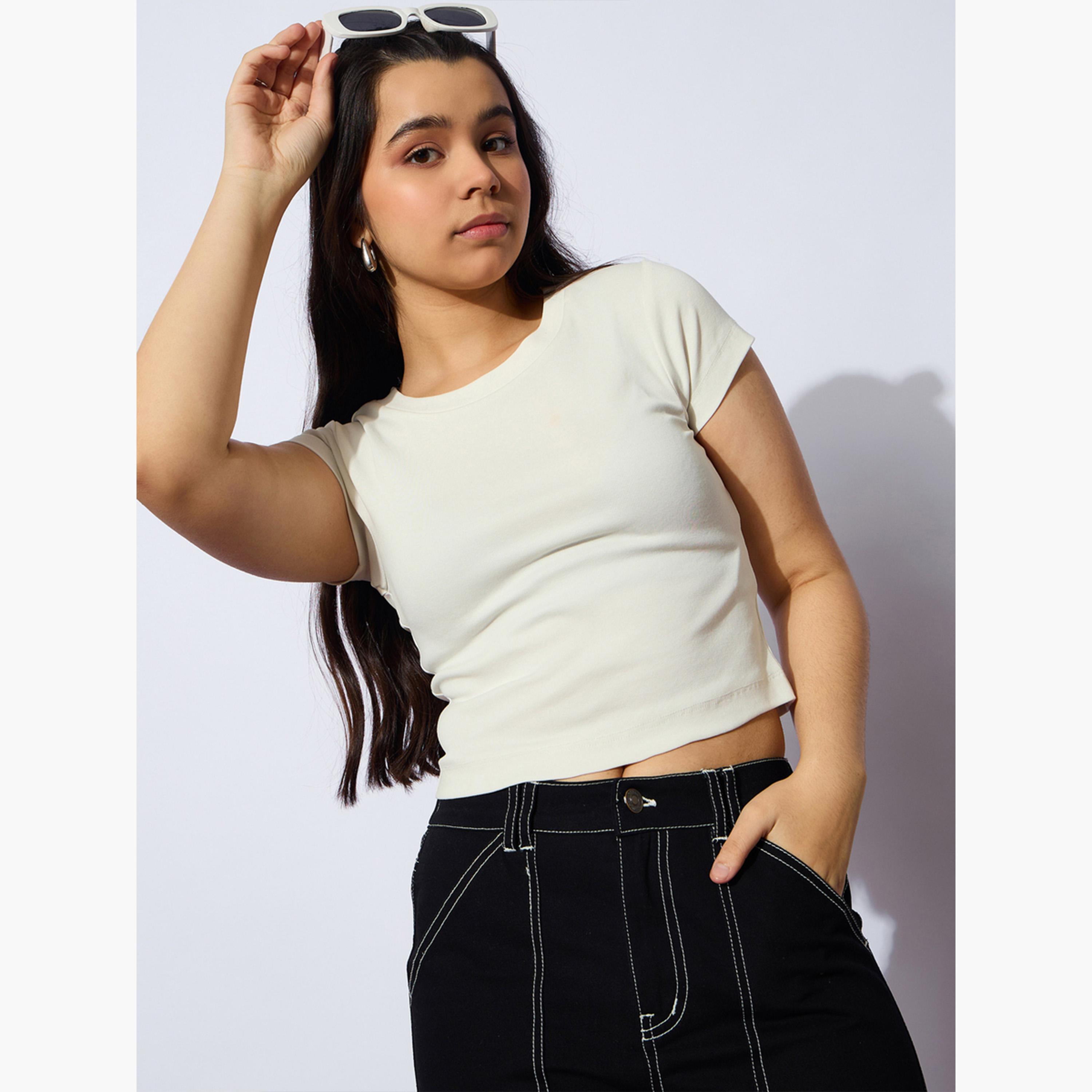 نوه-فوه - بلوزة بأكمام قصيرة مضلعة لون أبيض العاجي للبنات-girls-clothing-tshirts-image-1