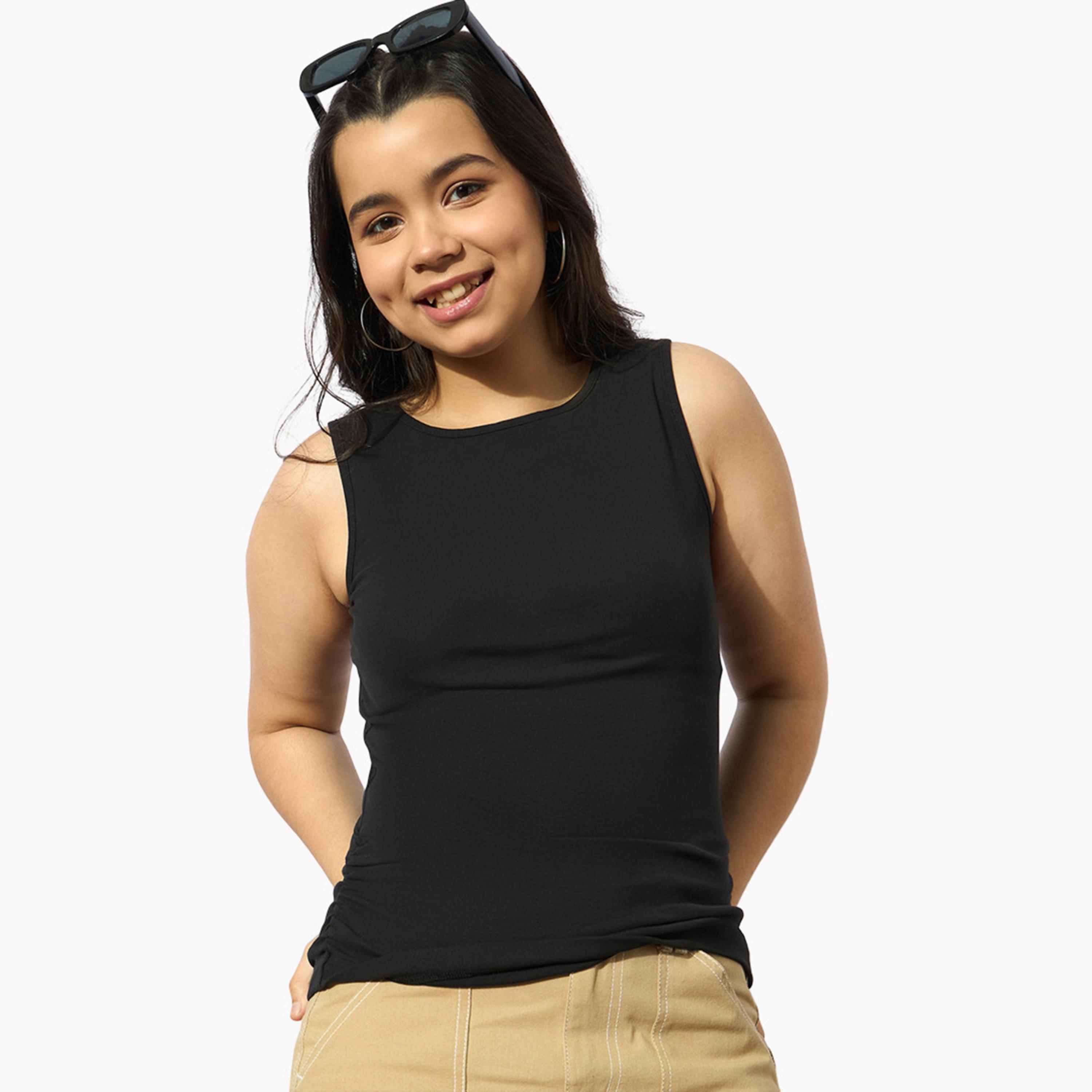 نوه-فوه - بلوزة سوداء بدون أكمام مضلعة من الجانب للبنات-girls-clothing-tshirts-image-1