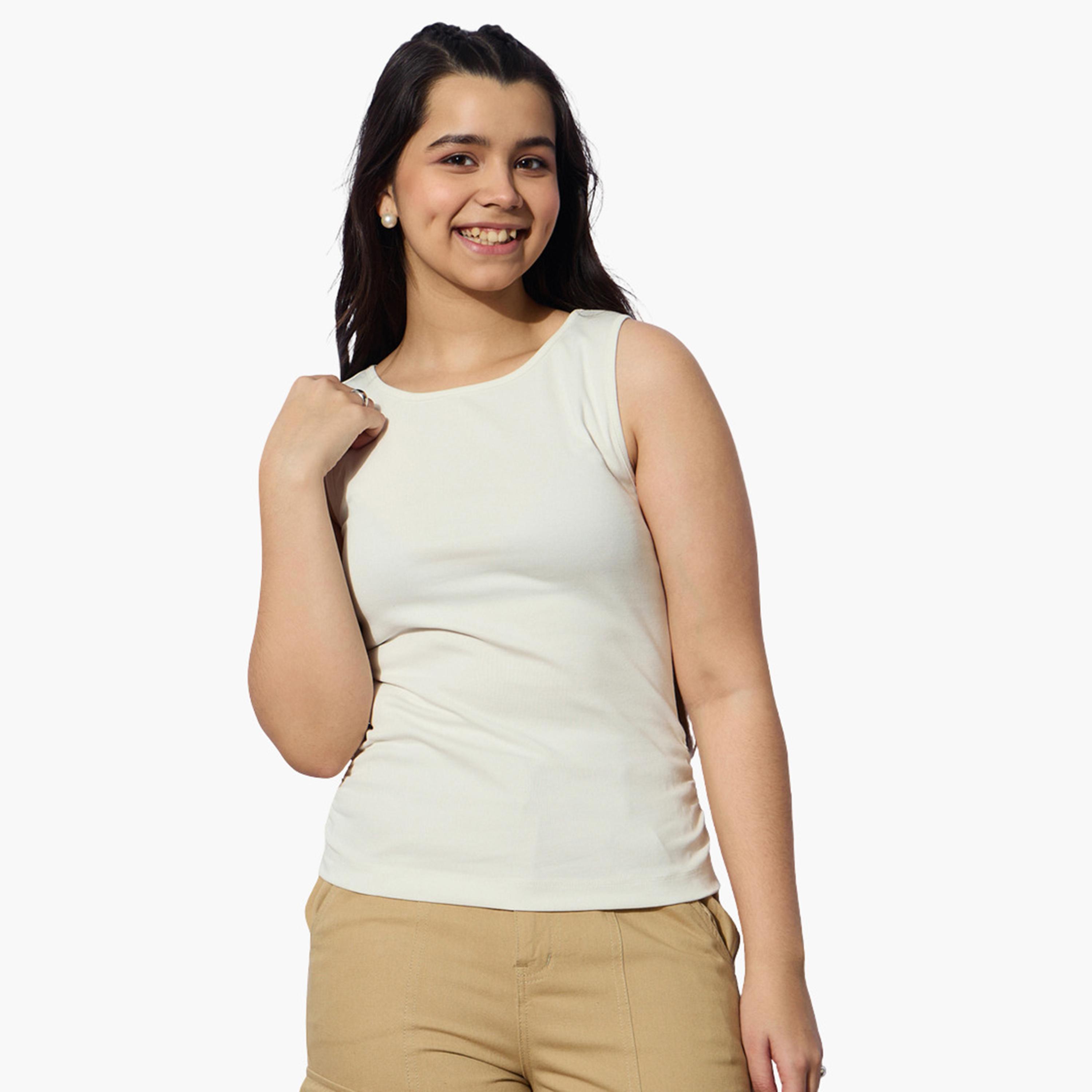 Noh-Voh Girls Off White Ribbed Side Ruched Sleeveless Top-girls-clothing-tshirts-image-1