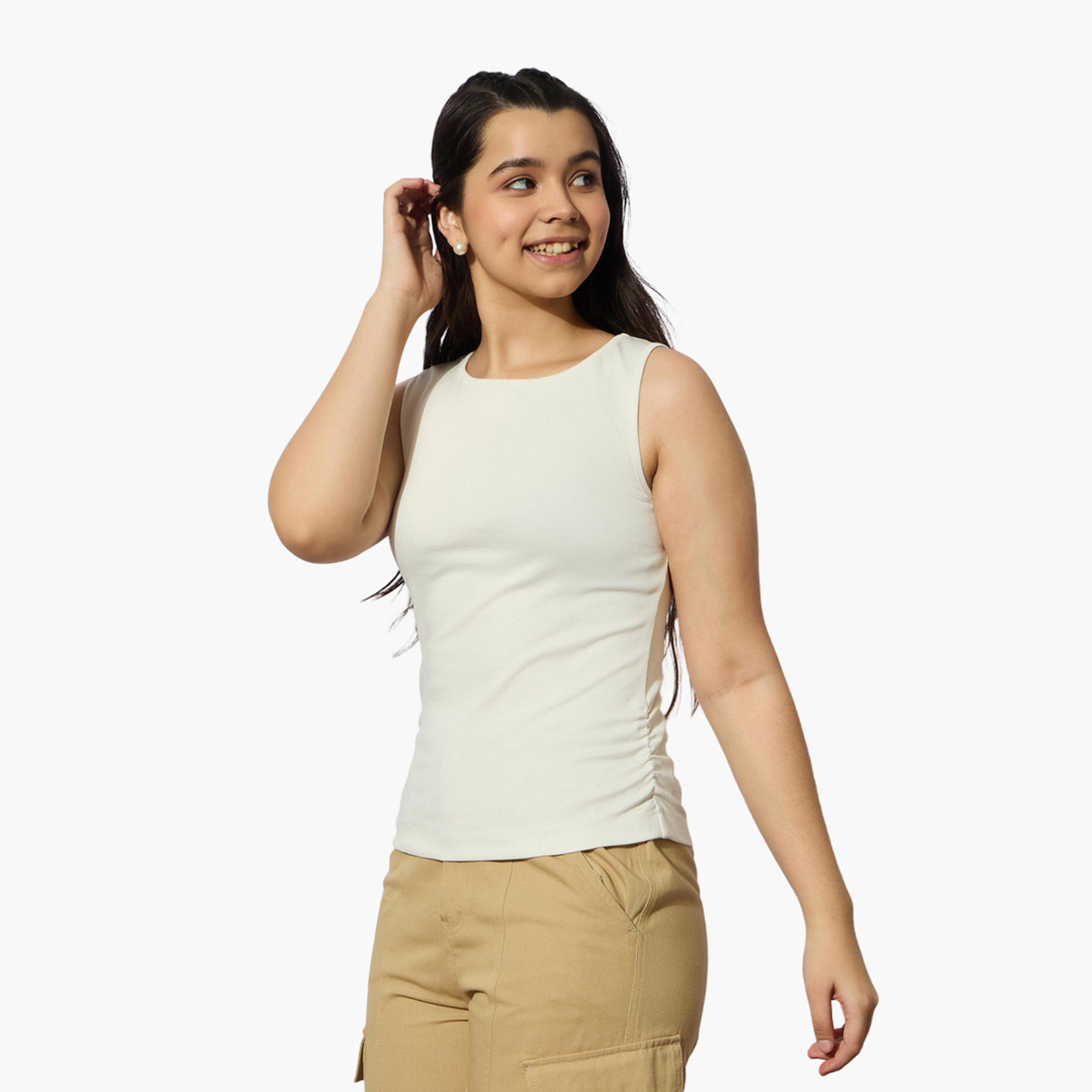 Noh-Voh Girls Off White Ribbed Side Ruched Sleeveless Top-girls-clothing-tshirts-image-3