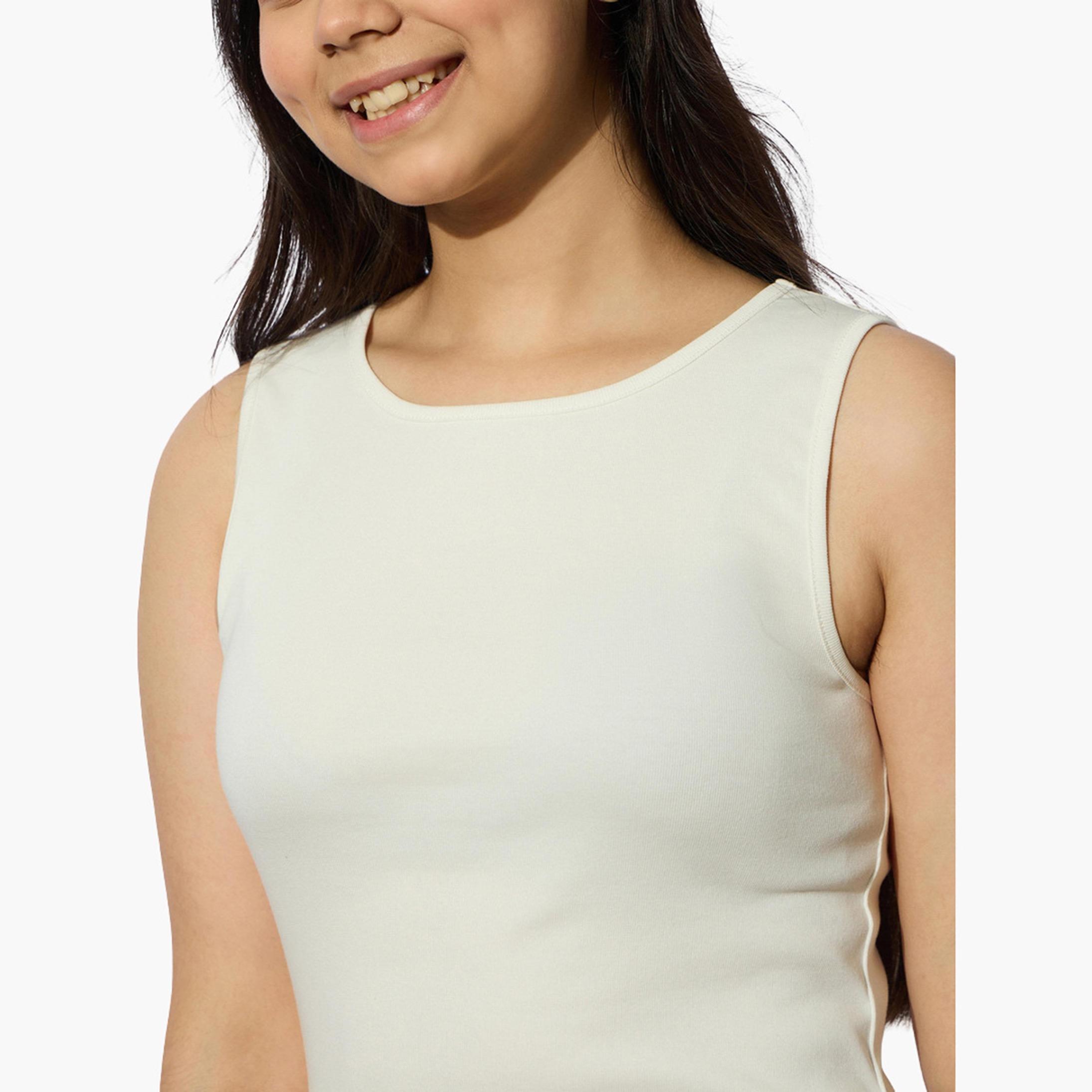 Noh-Voh Girls Off White Ribbed Side Ruched Sleeveless Top-girls-clothing-tshirts-image-4